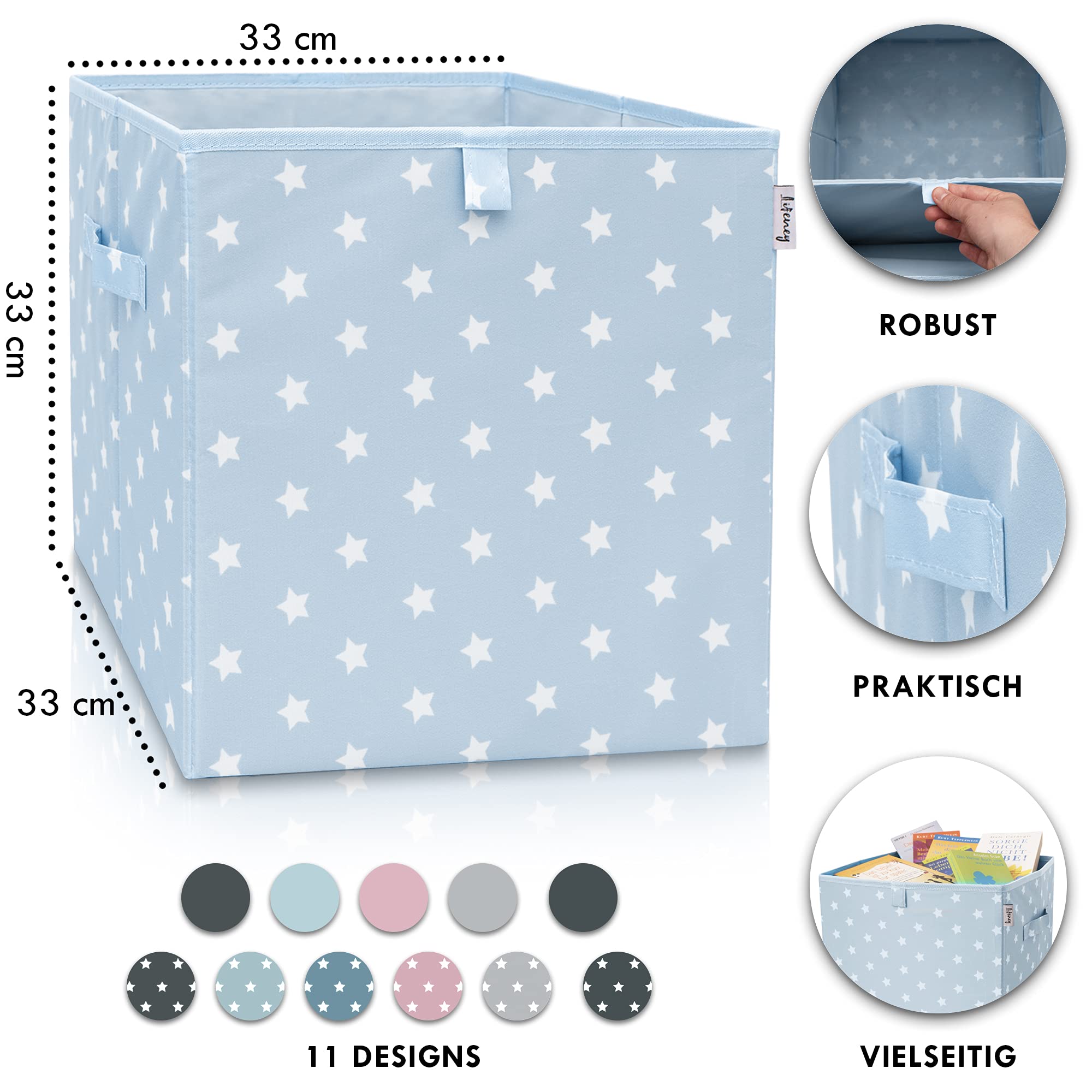 Boîte de rangement avec motif étoilé bleu clair - Boîte à jouets avec étoiles - Convient aux étagères cubiques - Boîte de rangement pour chambre d'enfant - Panier de rangement comme accessoire