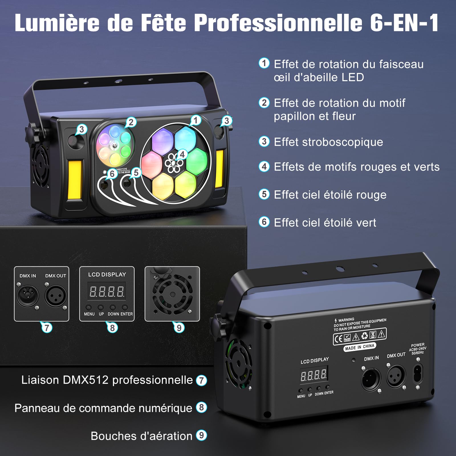 Projecteur Disco RGBW 80 W, Éclairage de Scène 6 en 1 avec Télécommande et DMX512, 16 Effets Lumineux pour Soirées Disco, Scènes, Anniversaires, Mariages, Festivals
