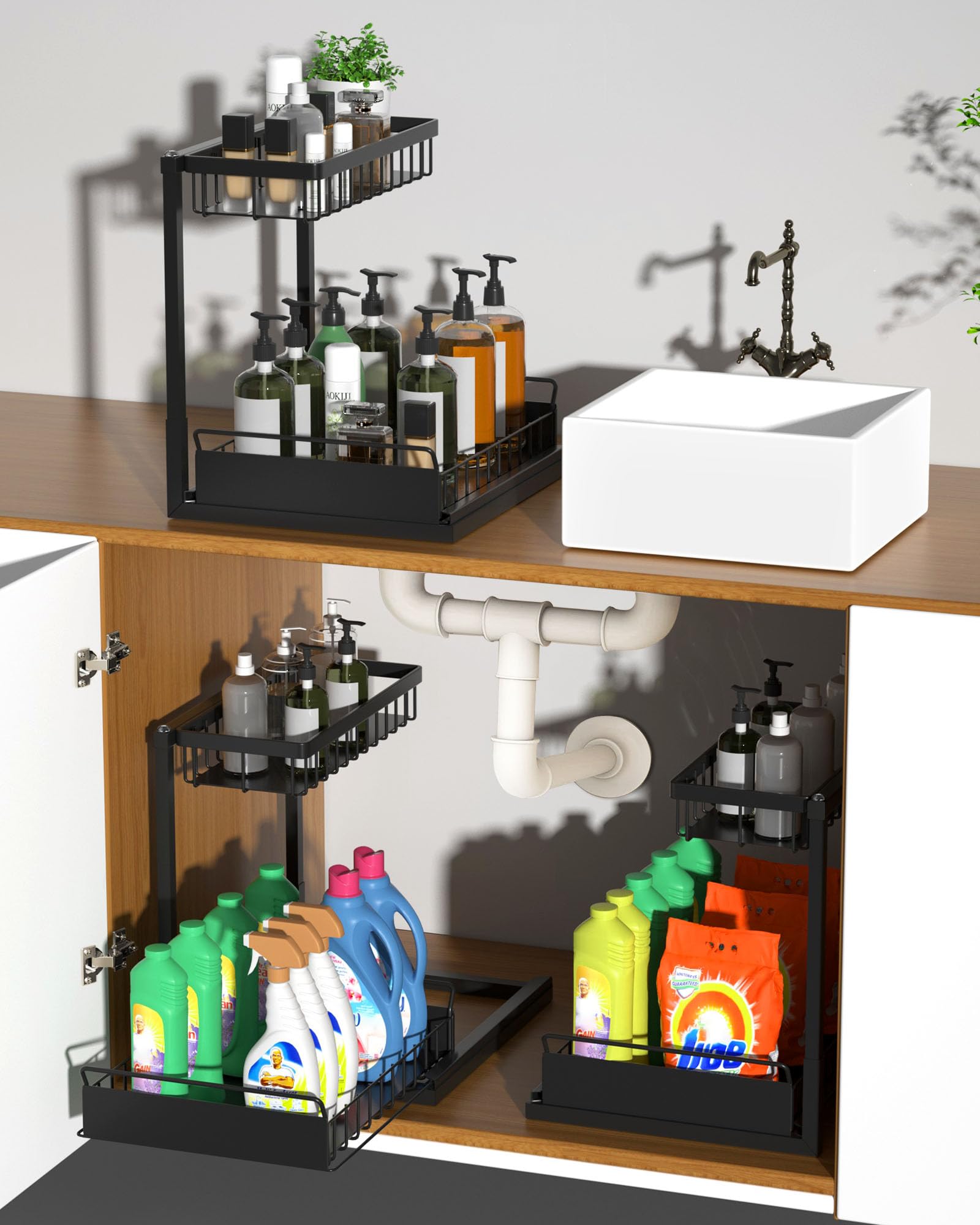 Zyerch Under Sink Organizer,Metal Pull Out Kitchen Cabinet Organizer with Sliding Drawer,Sturdy Multi-Functional for Bathroom Organization,Black