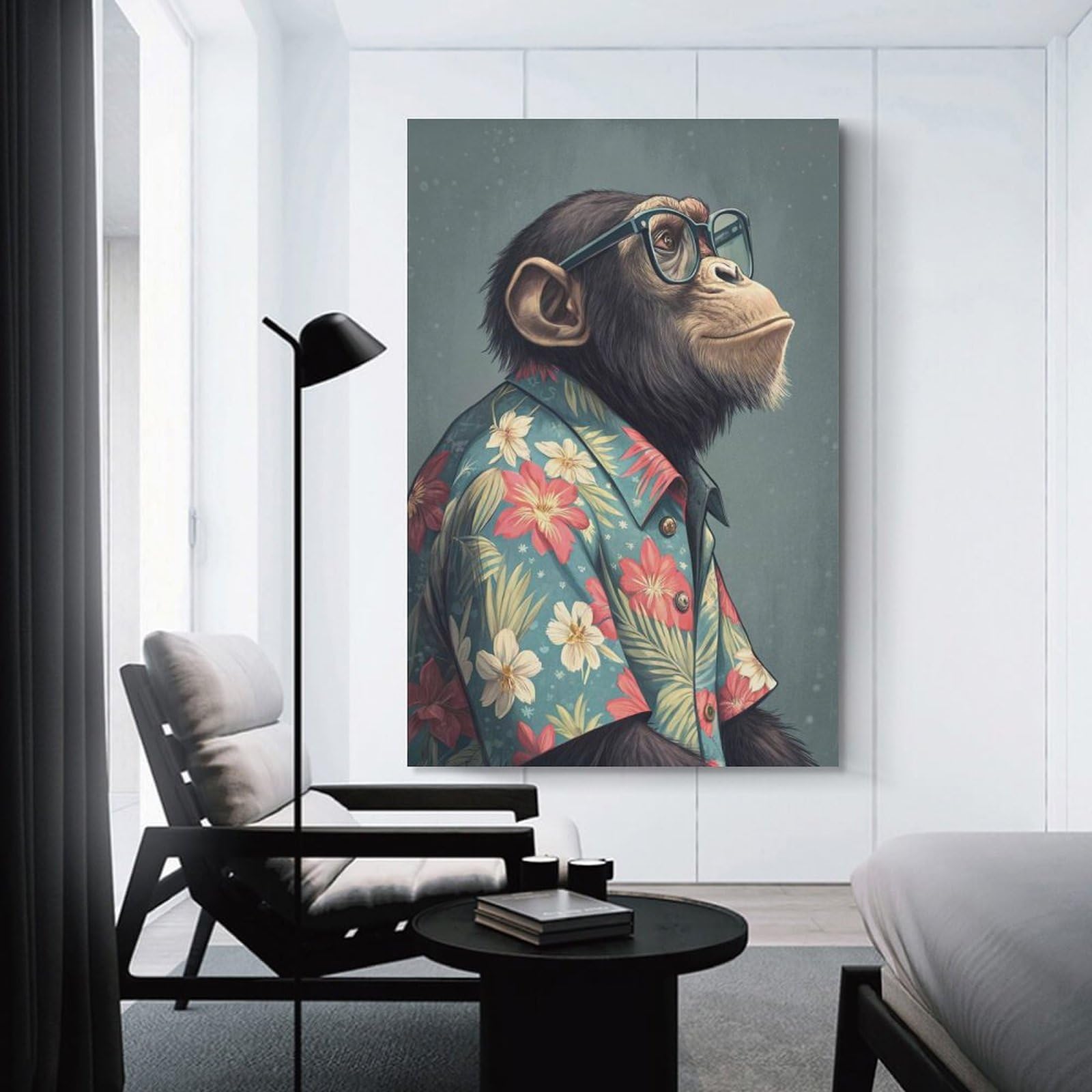 Junmoney Chimpanzee in Hawaiian Shirt And Glasses Canvas Wall Picture 24x36inch(60x90cm), for Contemporary Homes, Apartments Or Offices, Wall Decor with Flexible Room Appeal