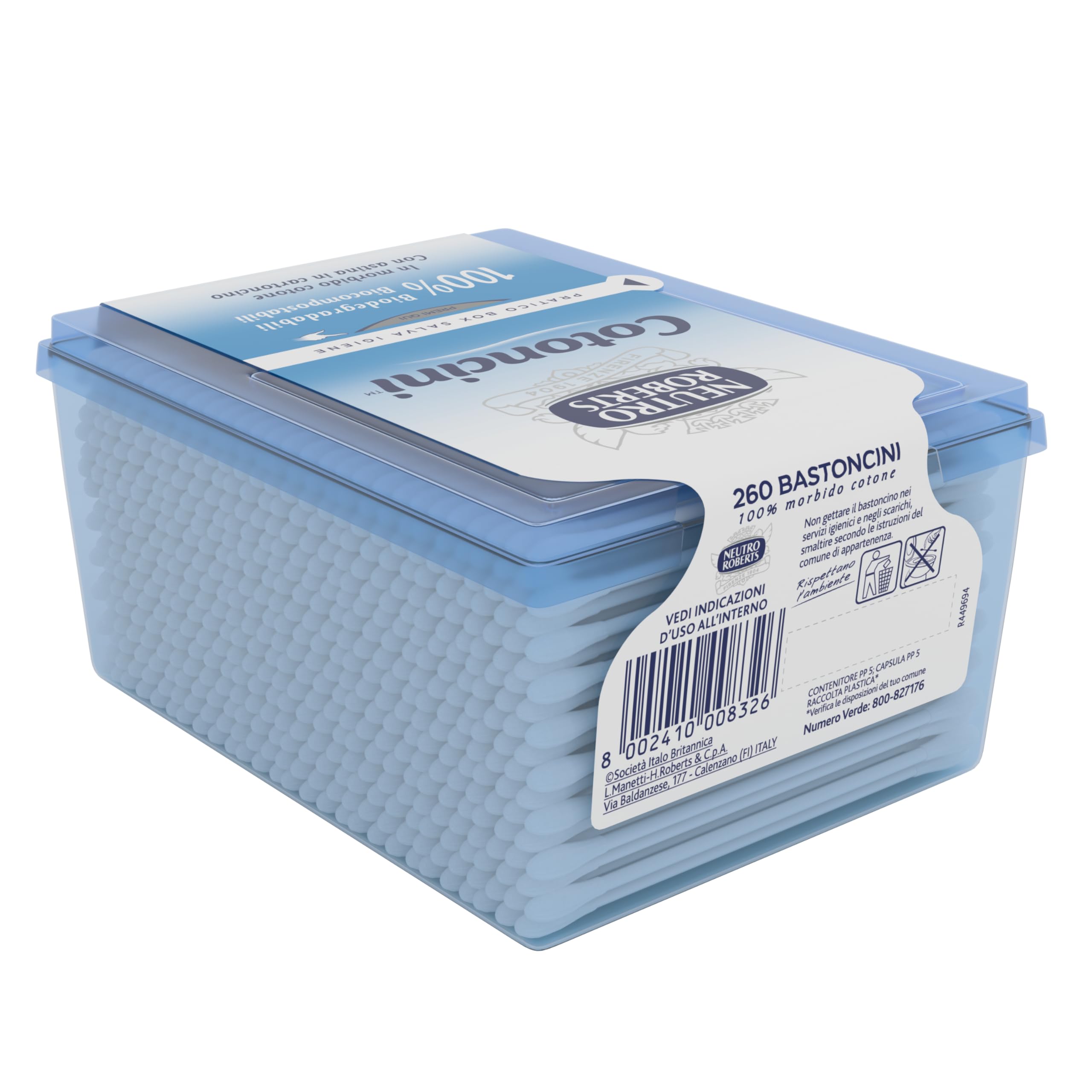 Neutro Roberts - Cotoncini con Box Salva Igiene - Cotton Fioc Morbidi e Biodegradabili con Astina in Cartoncino - Cotoncini con Camomilla, Ideali per Bambini - Confezione da 260 Pezzi