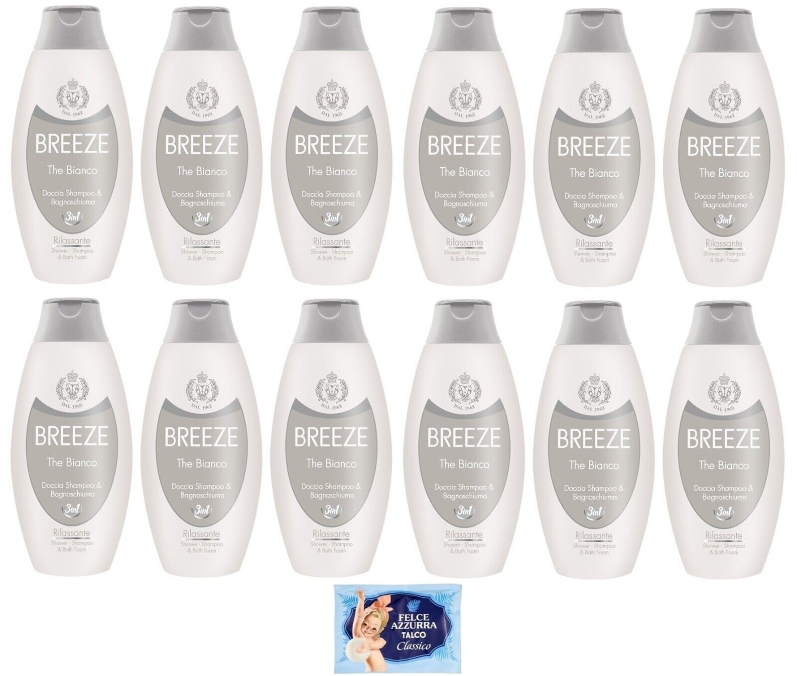 12x BREEZE The Bianco Doccia-Shampoo e Bagnoschiuma,deterge efficacemente corpo pelle e capelli 400ml + 1 Busta di Talco Felce Azzurra in omaggio da 100g