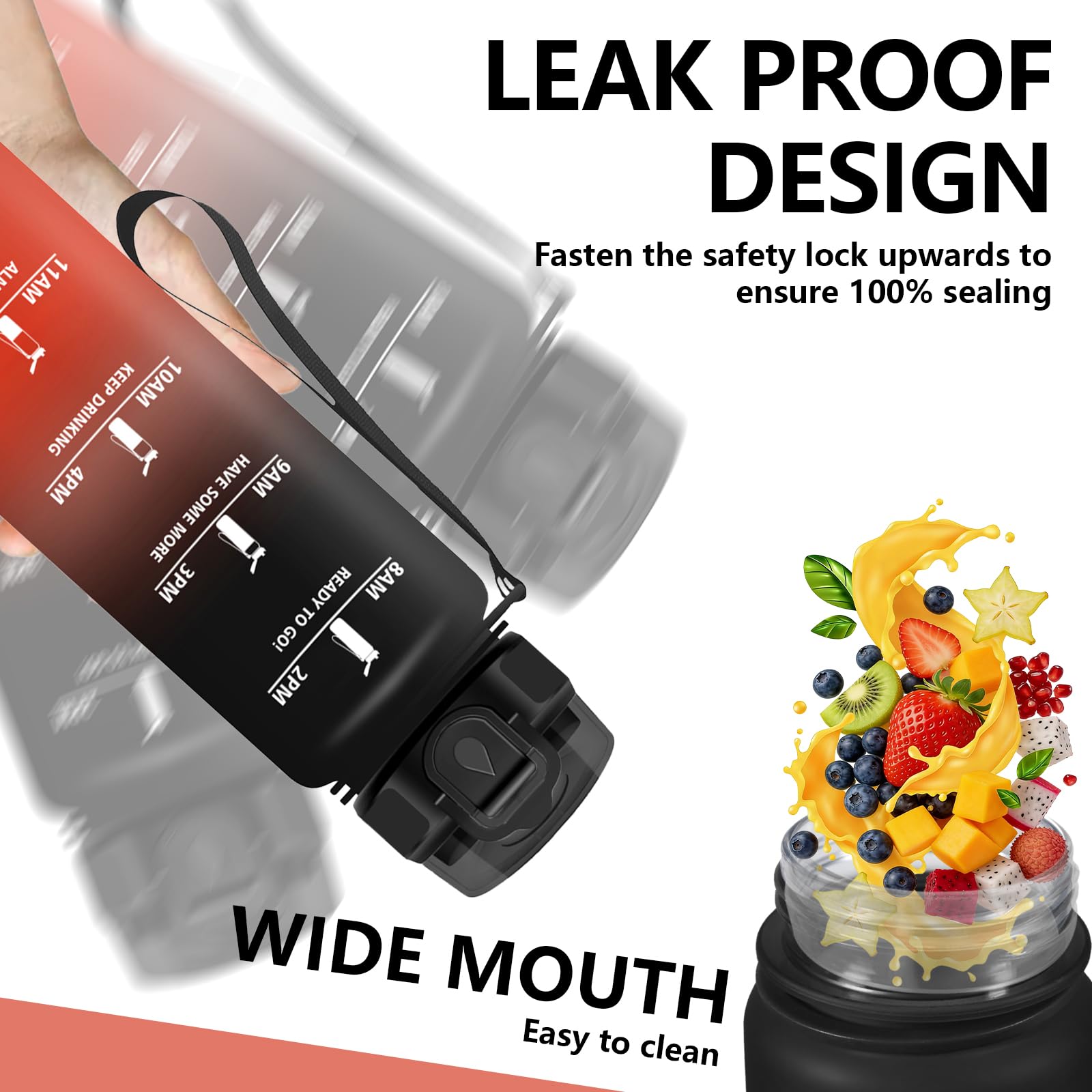 Mujigaga Botella Agua Gimnasio, A Prueba de Fugas Botella Agua 1 litro, Cantimplora con Pajita, Diseño de Cerradura, Cantimplora con Marcador de Tiempo para Deporte, Colegio, Exterior - 4