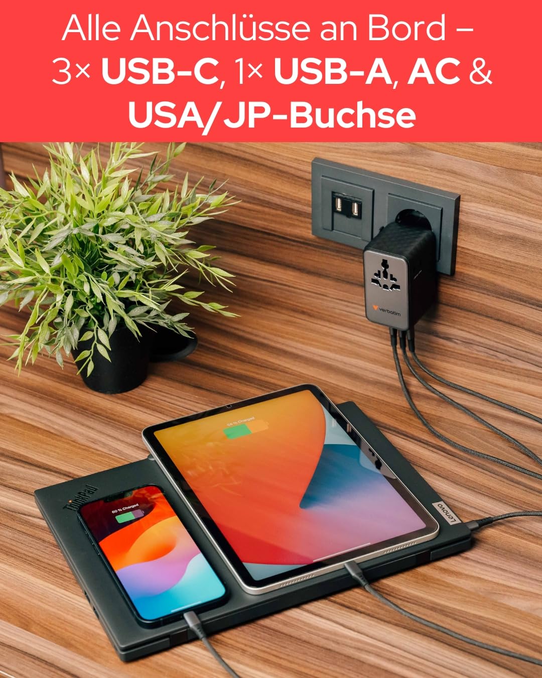 Verbatim GaN uniwersalny adapter podróżny 170 W, czarny, adapter do gniazdka i 3 x USB-C, 1 x USB-A, 2 x USA/JP, szybka ładowarka do laptopa, smartfona i wielu innych, do zastosowania na całym świecie