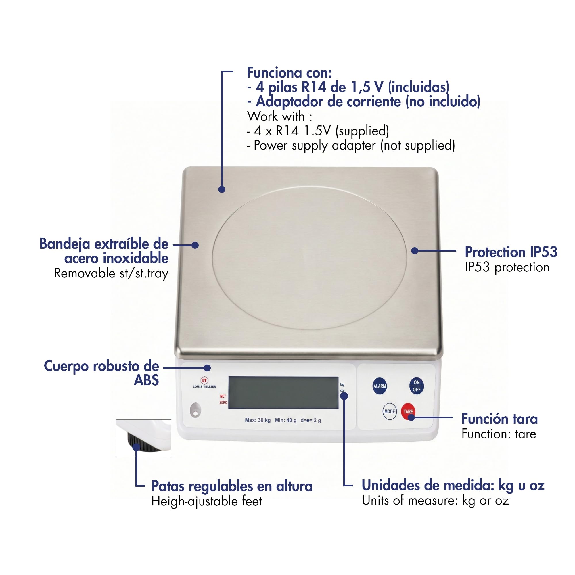 LOUIS TELLIER | Báscula electrónica profesional | 30 kg | IP53 | precisión 2 g | bandeja extraíble | cocina | panadería | 30 x 32 x 11,5 cm