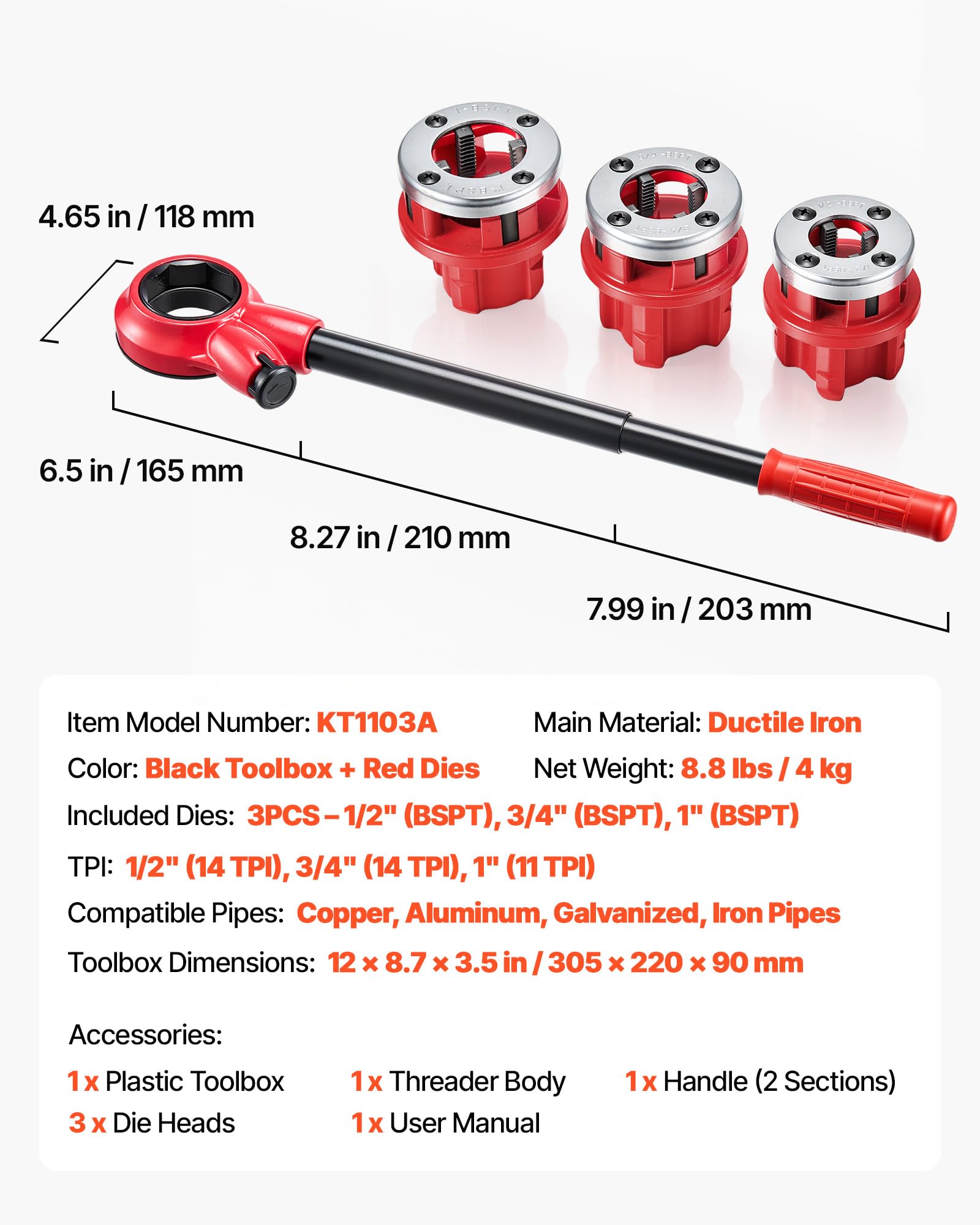VEVOR Gewindeschneidkluppensatz mit 3 Schneidköpfen, Manueller Rohrgewindeschneider mit 1/2 bis 1 Zoll BSPT Schneidkluppen, Hand-Gewindeschneidwerkzeug mit Kasten für Sanitärinstallation Reparatur