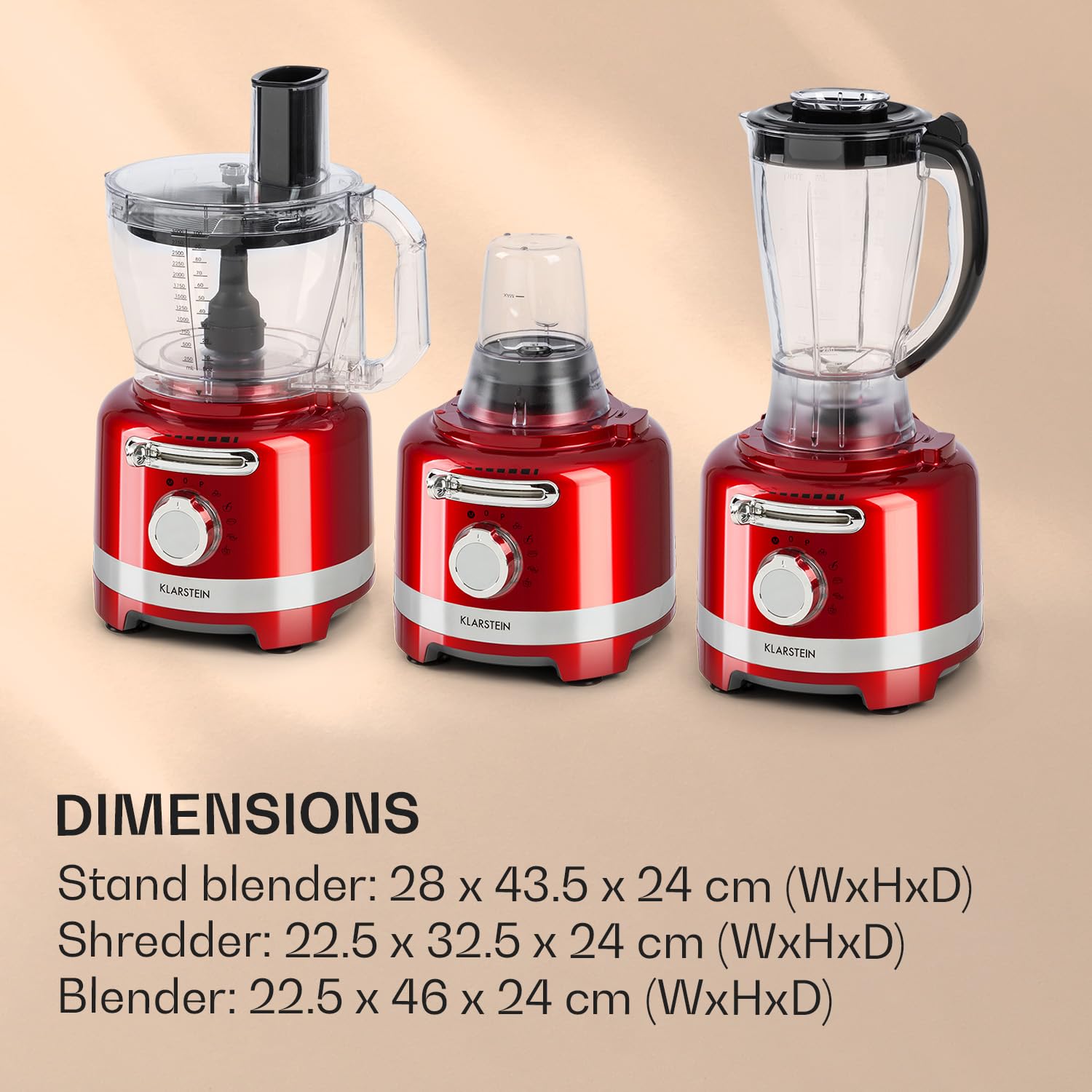 Klarstein Luca Batidora multifunción, Picadora, Rallador, Exprimidor, Food Processor, 1000 vatios, regulación continua, 6 modos, sin BPA, 3 litros, vaso medidor 3 l, espátula, Rojo