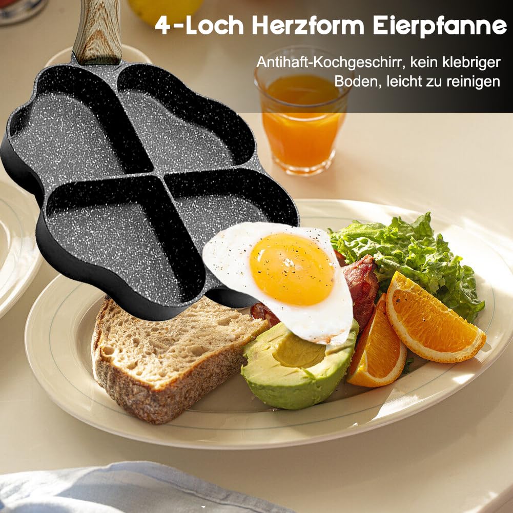 Padella antiaderente a forma di cuore a 4 fori, per pancake, antiaderente, con spatola in silicone e spazzola per la colazione, pancake, per omelette, hamburger (nero)