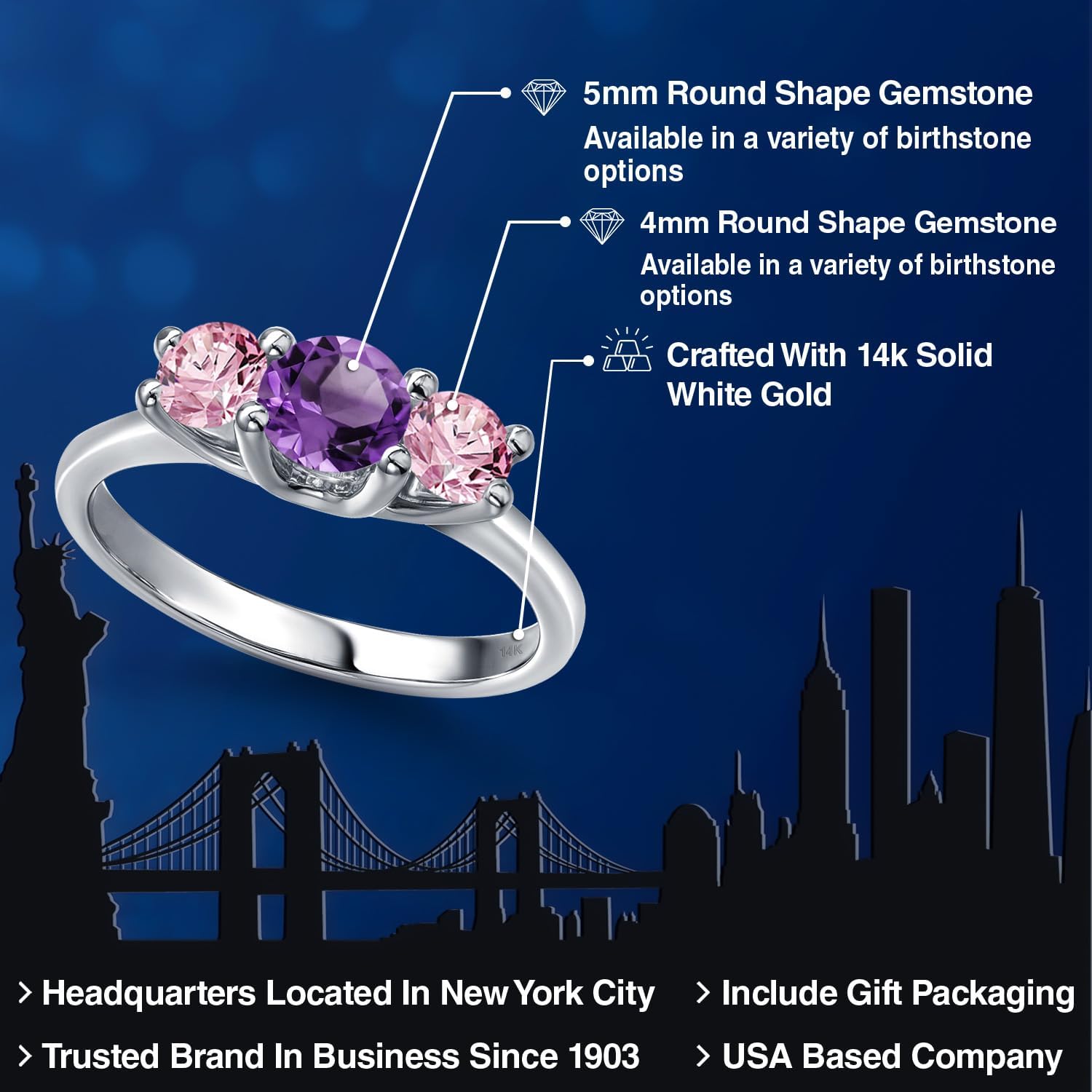 Gem Stone King 14K White Gold Purple Amethyst & Pink Lab Grown Diamond 3-Stone Engagement Ring | 0.98 Cttw | Round 5MM and 4MM | 3 Stone Wedding Anniversary Promise Ring For Women - Image 2