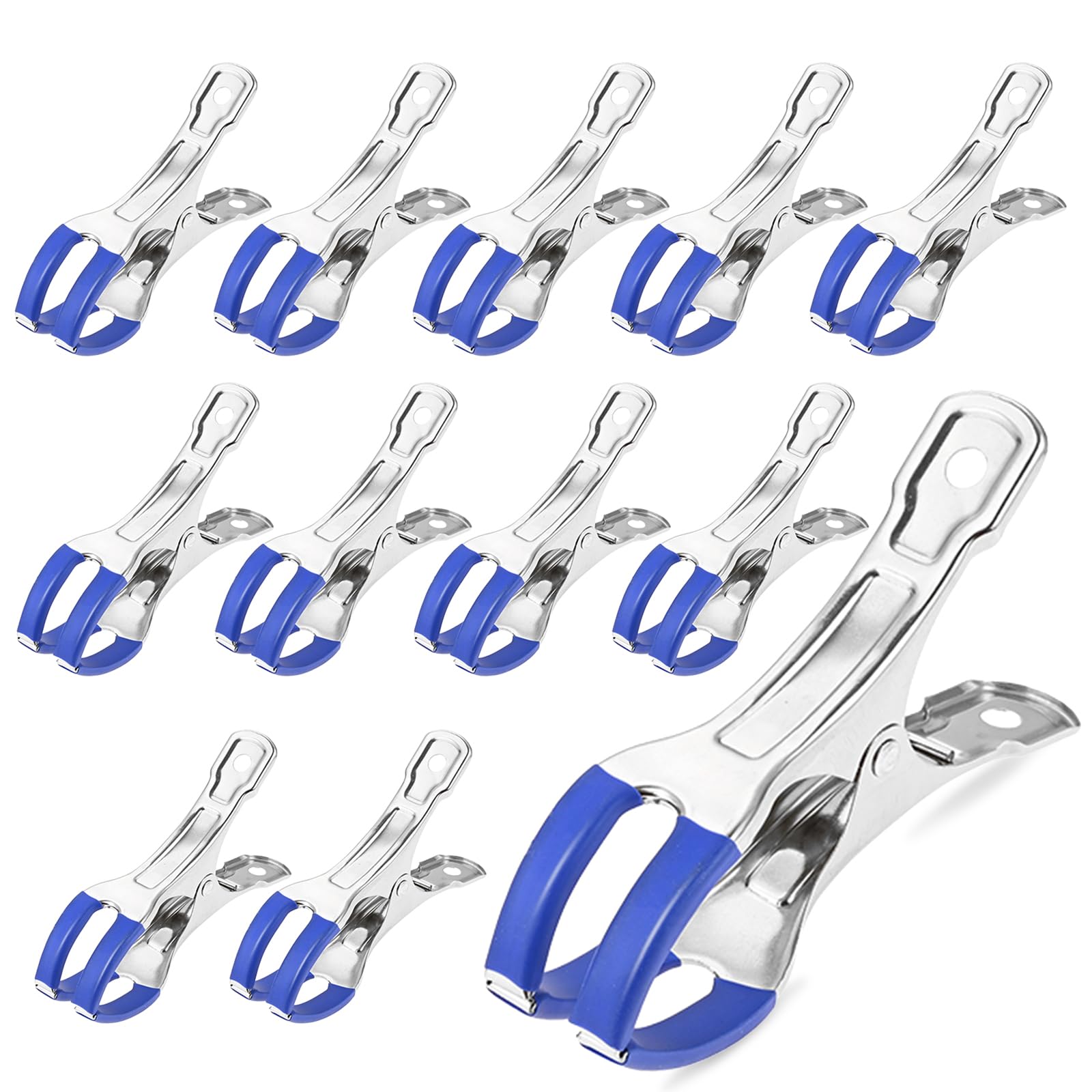 Hicello 12PCS Stainless Steel Pool Cover Clips with Anti-Scratch Protection, 11cm Large Heavy Duty Windproof Clamps for Above Ground Pools, Greenhouse Film and Tarpaulins - Double Jaw Blue
