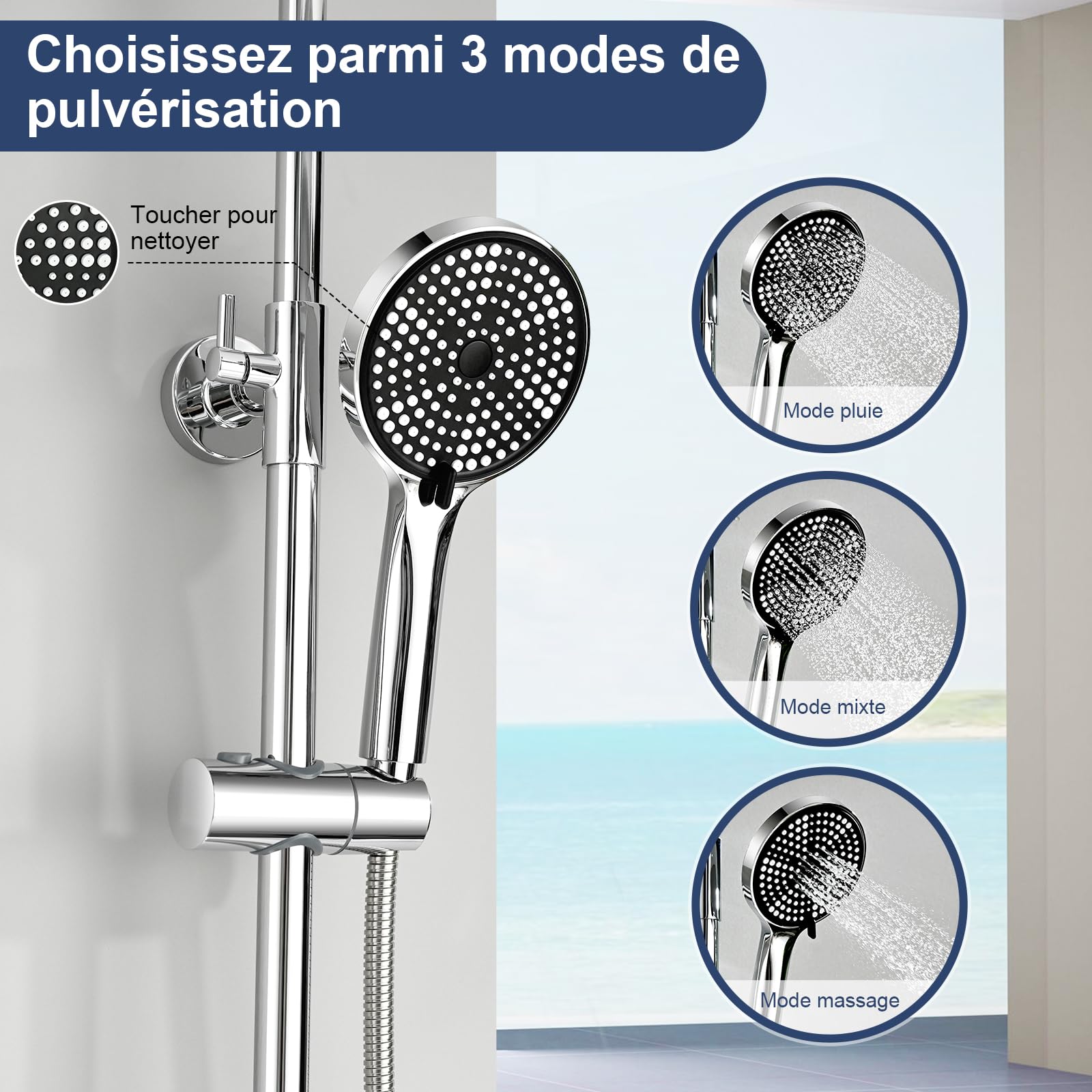Colonne de Douche Thermostatique Inox 25cm Pluie Tropicale Pommeau 3 Jets Réglable Hauteur Protection Anti Brûlure Économie d'Eau Installation Rapide Ensemble de Douche avec Mitigeur