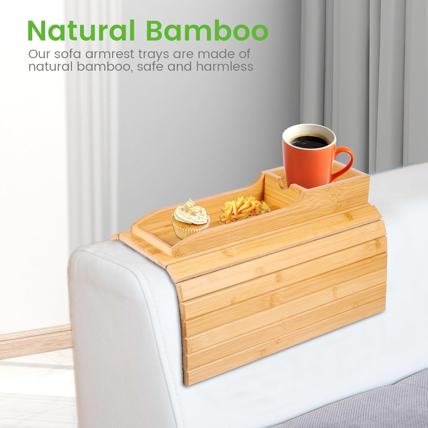 Bamboo Sofa Armrest Tray Table - Foldable Couch Cup Holder,Anti-Slip Side Table Armrest Clip Tray, Multifunctional Couch Organizer, Drink Snack Remote Control Holder