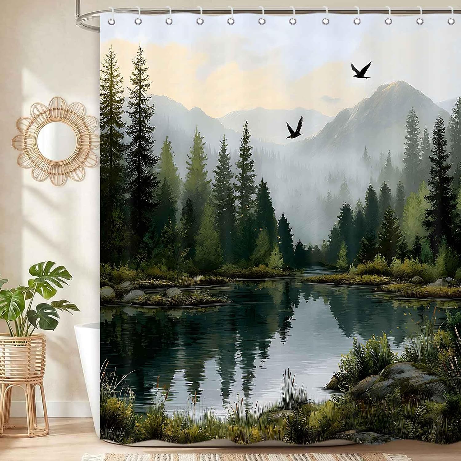 Dark Green Misty Forest Shower Curtain, Mountain Woodland Scenery Tree Nature Landscape Shower Curtains for Bathroom, Abstract Modern Rustic Bath Decor 71x71 Inches