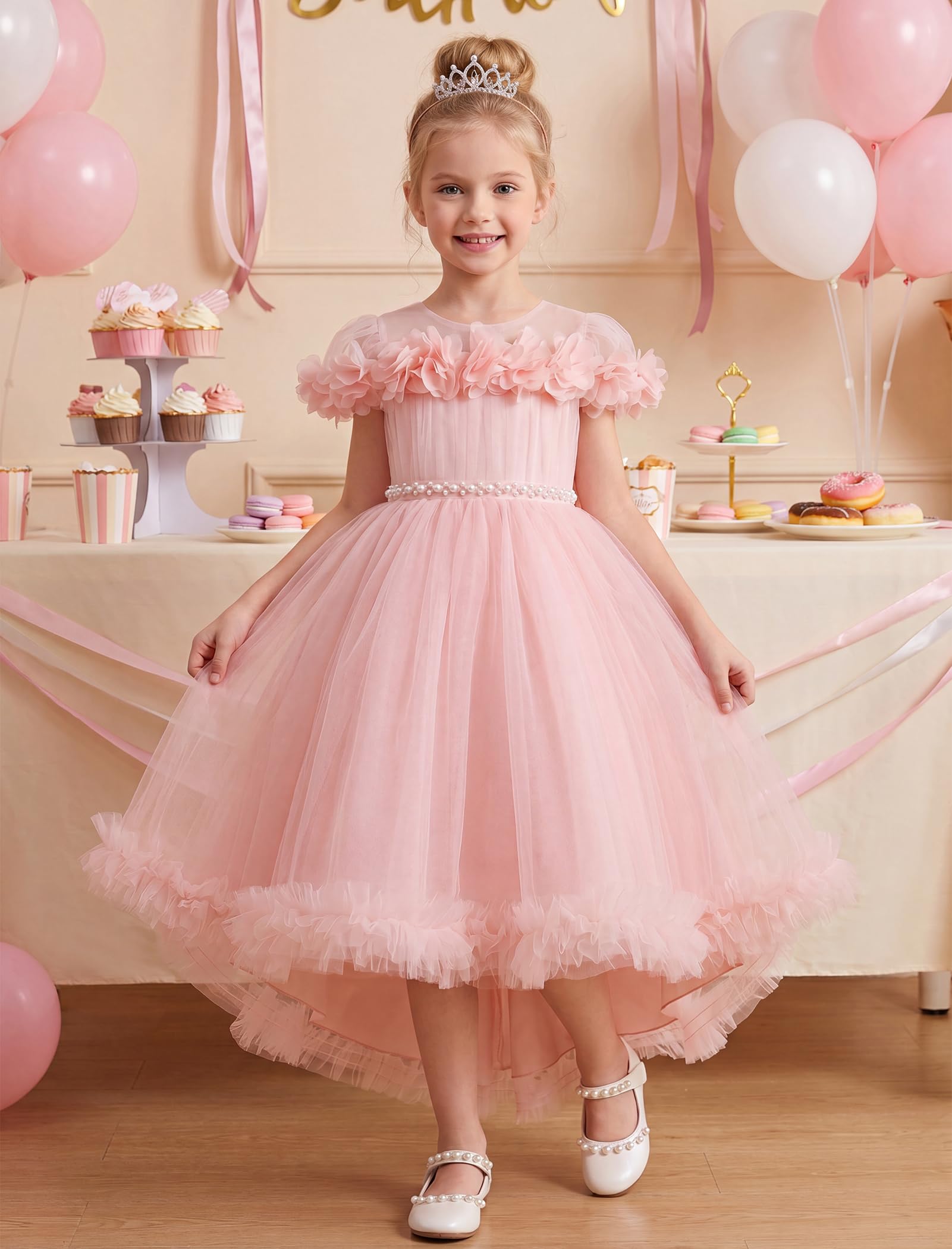 Odizli Mädchen Blumen Off Shoulder A-Linie Vokuhila Prinzessin Kleid Festlich Hochzeit Blumenmädchenkleider
