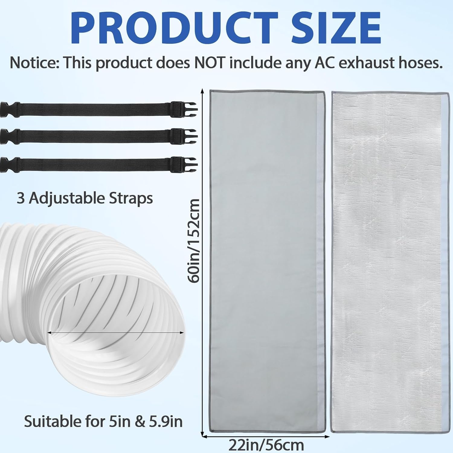 Portable AC Hose Insulation Sleeve 60" × 22" Air Conditioner Hose Cover Wrap Fit 5" & 5.9" Diameter Triple Layer Insulation Flexible Duct Vent Cover with 3 Adjustable Buckle Bands, Gray
