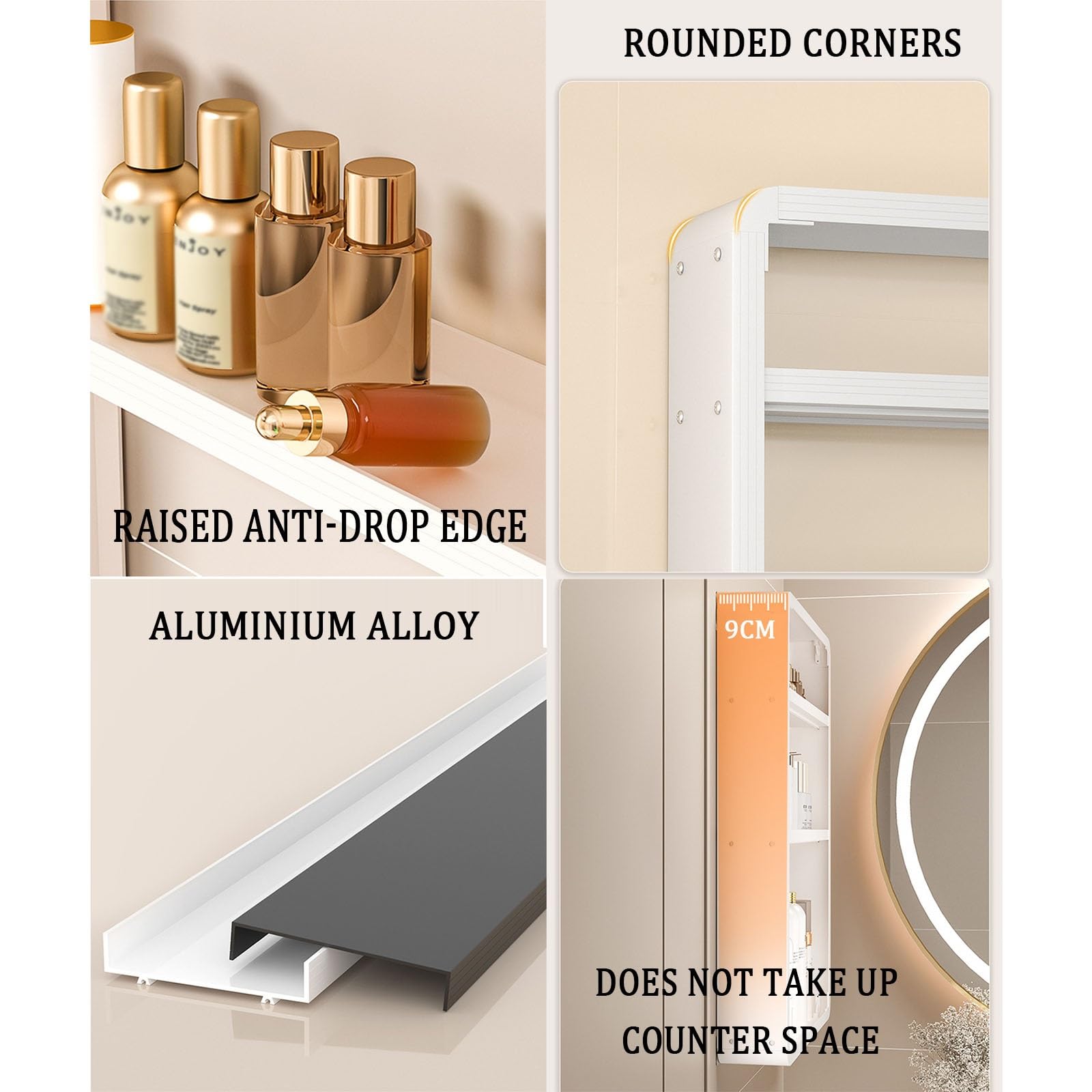 Naścienny organizer na półkę łazienkową, bez wiercenia, organizer prysznicowy do przechowywania makijażu i kosmetyków, aluminiowy stojak (biały, 35 x 60 cm) rozwiązanie oszczędzające miejsce
