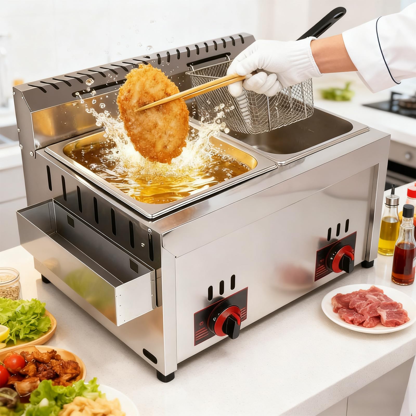 Deep Fryer Friggitrice a Gas GPL Professionale Doppio Cestello da 20 L, Friggitrice a Gas Commerciale in Acciaio Inossidabile Potenza di Fuoco Regolabile, Facile da Pulire, Cestello Staccabili