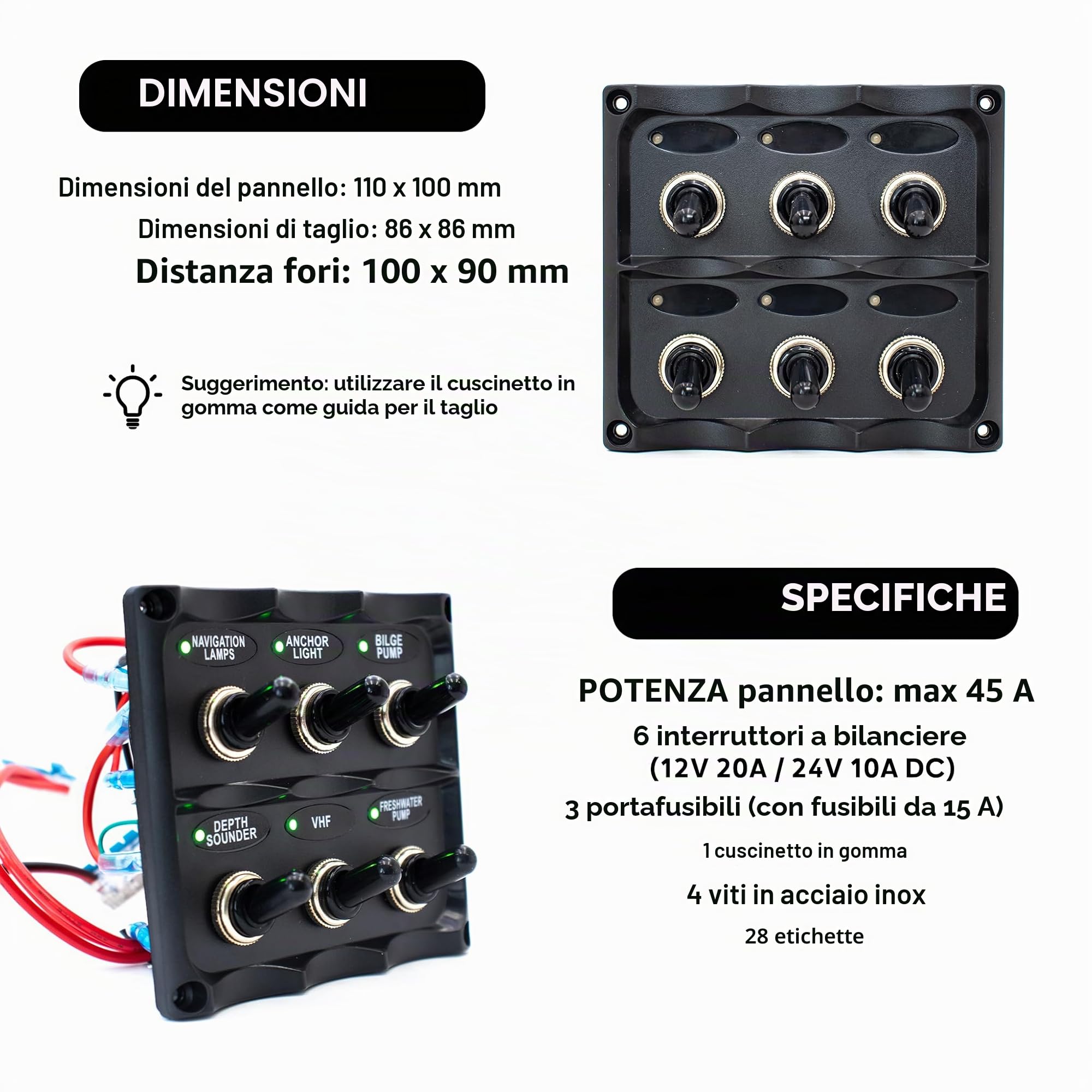 Pannello interruttori marino 6 vie IP67 12/24V con LED bicolore a bilanciere per barca, barca a vela, gommone semirigido, jetski | BAYWATT (TSP6W