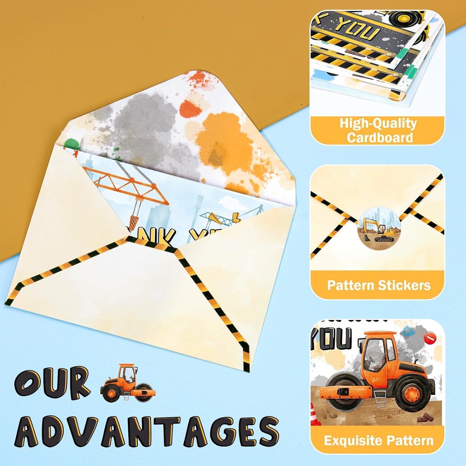 WERNNSAI 24 PCS Construction Thank You Cards - Construction Party Decorations Dump Truck Greeting Cards with Envelopes Stickers Fill in Blank Notes for Boys Kids Birthday Baby Shower 4'' X 6''
