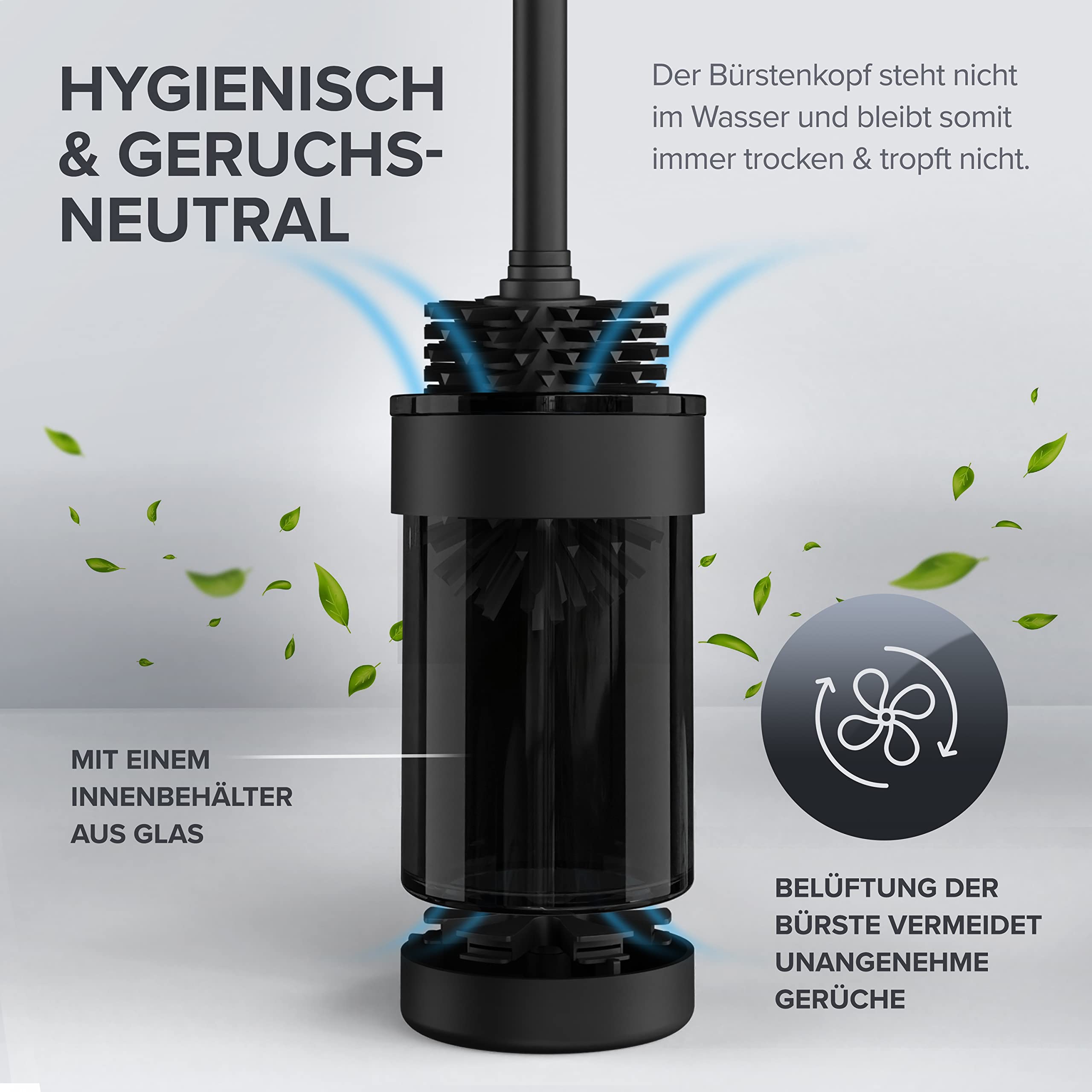 ovimar Toilettenbürste Finnkona | schwarz | Wandhalterung ohne Bohren | Silikon Klobürste | Belüftungsfunktion | zum Kleben | aus pulverbeschichtetem Edelstahl | WC Bürstenkopf wechselbar