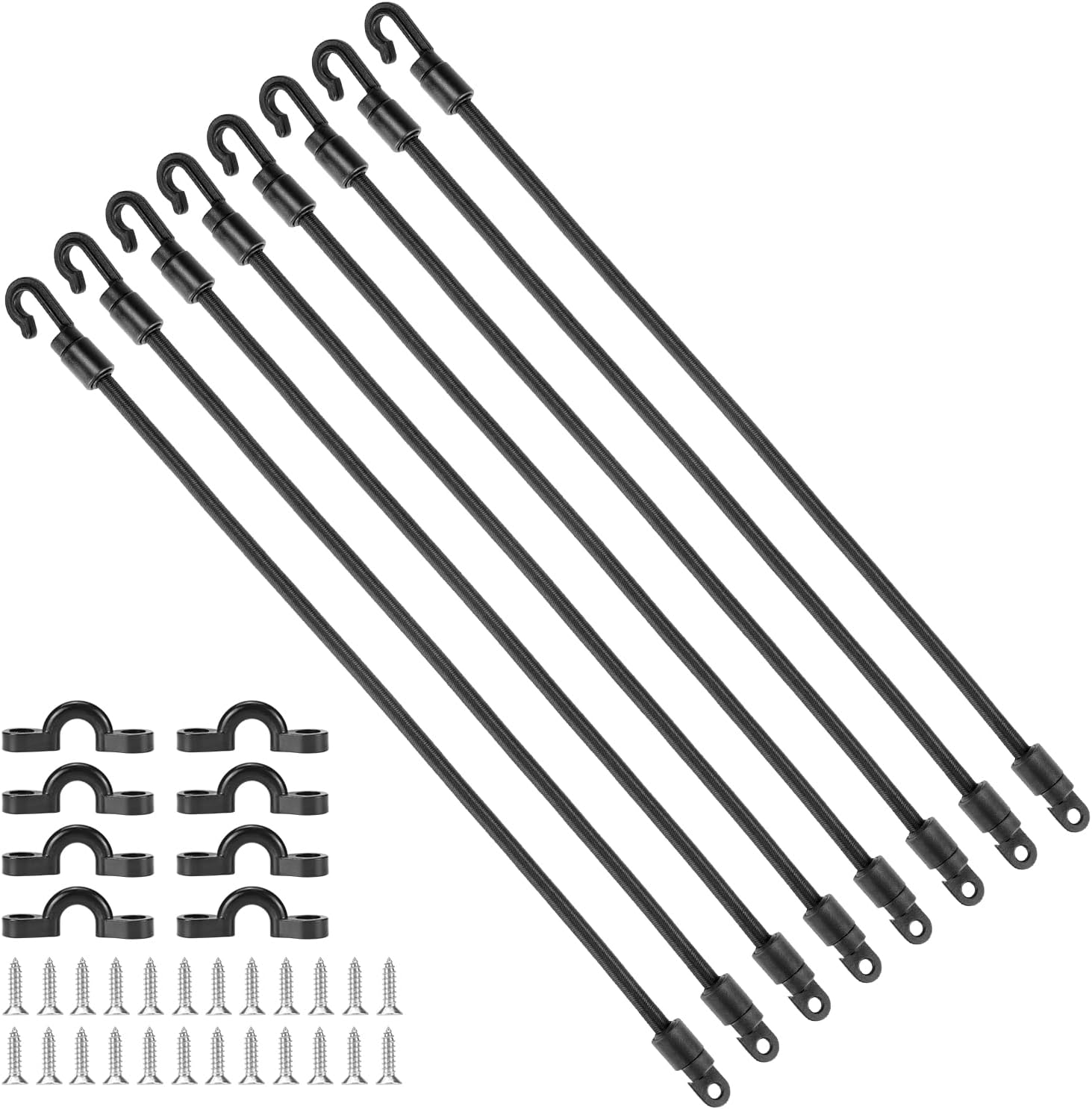 QWORK 8-Pack Adjustable Fishing Rod Holder Straps with Fixed Ends & Screws, 12-Inch Elastic Latex Rod Hold Down Straps Connector for Boats & Kayaks – Fishing Rod Straps Deck Mount Straps