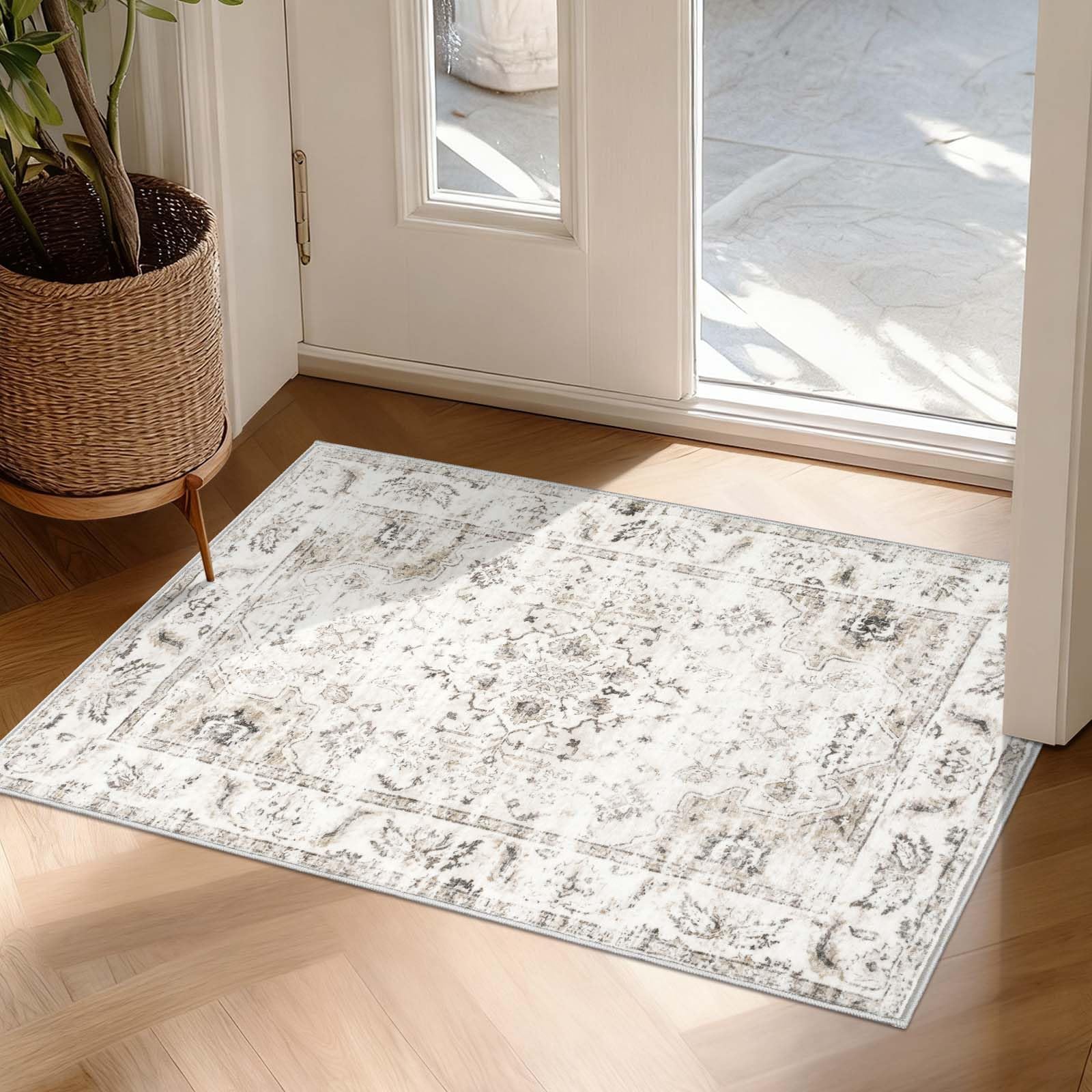 Small Area Rugs 60x90cm Non-Slip Doormat Washable Rug Faux Wool Short Pile Boho Rugs for Bedroom, Living Room, Kitchen, Hallway, Office, Runner,Entrance, Entryway, Corridor Beige