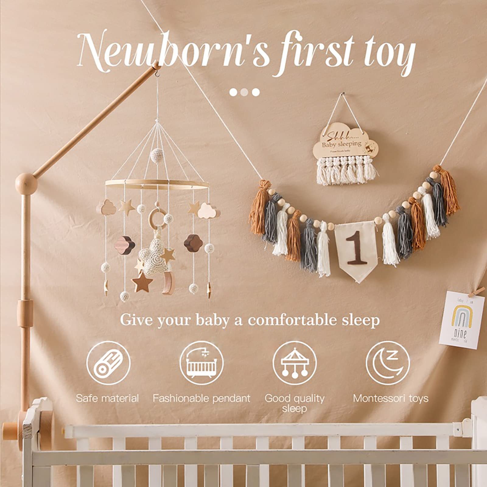 Babybett Mobile Baby Windspiel, Mobile Baby Holz mit Filzbällen und Wolken Ornament Kinderzimmer Hängende Bettglocke Geschenk für Baby Mädchen oder Jungen, Rassel Spielzeug, Beige A