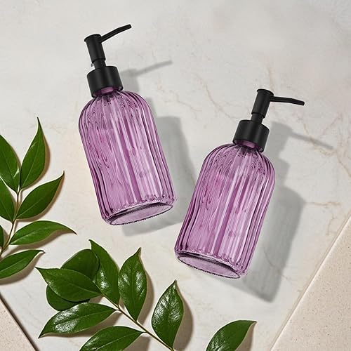 Miniatura 9 de Paquete de 2 dispensadores de jabón de vidrio a rayas con bomba de plástico negro, dispensador de jabón líquido de manos de 13.5 fl oz, bomba a