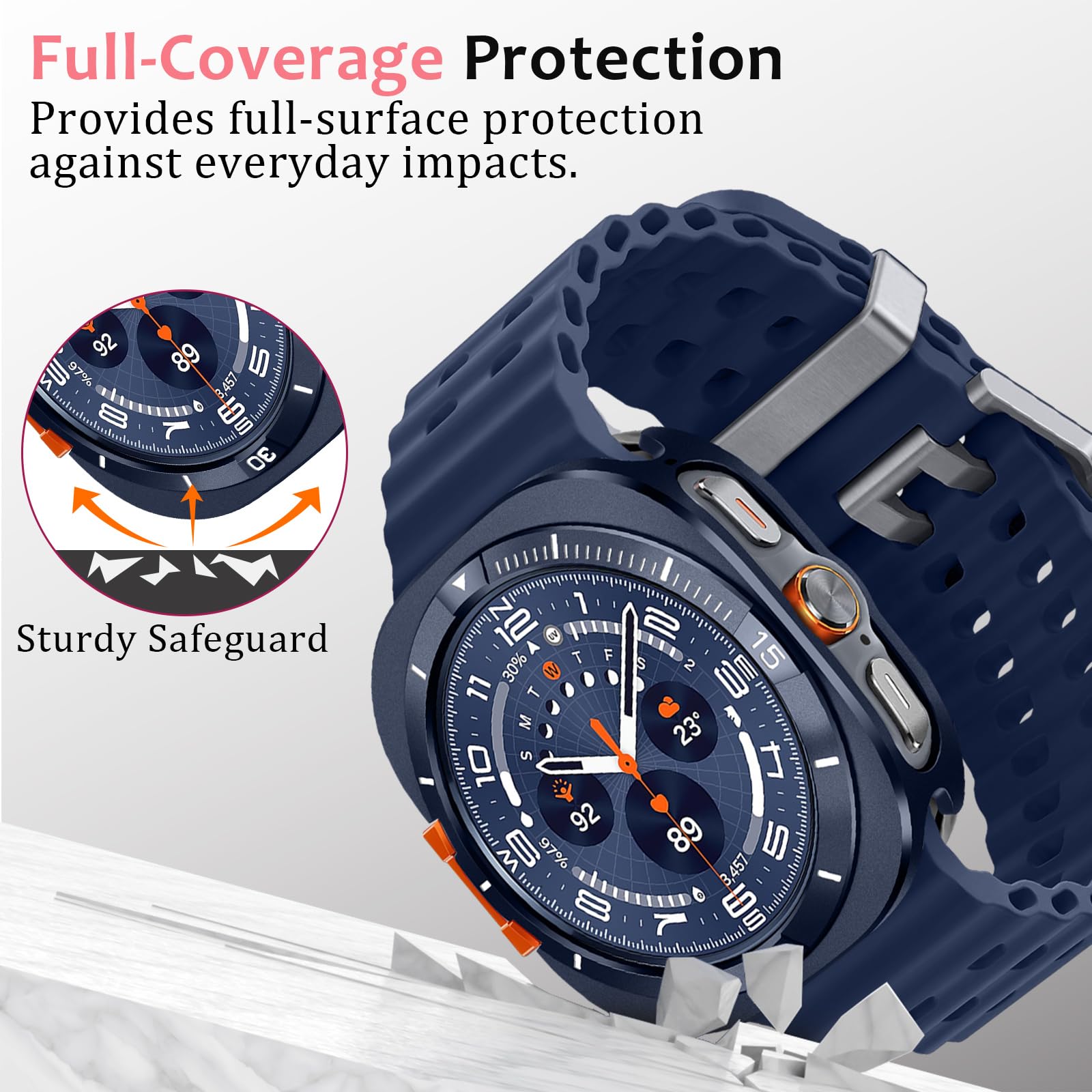 Amizee Metál Funda Compatible con Samsung Galaxy Watch Ultra Funda (2025/2024) 47mm con contraportada, Robusta Anti-Raspado Protección Carcasa para Galaxy Watch 7/8 Ultra, Azul/Blanco