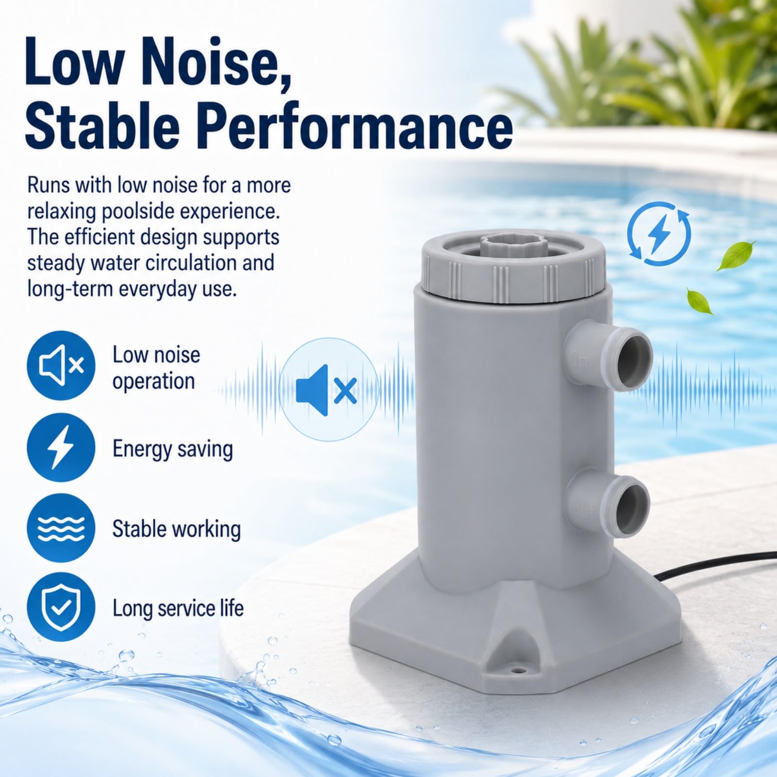Bomba de Filtro para Piscina 250L/H ABS Silenciosa para Piscinas Pequeñas | Bomba de filtro 250L/H de ABS, silenciosa y fácil de instalar para circulación y filtración en piscinas pequeñas.