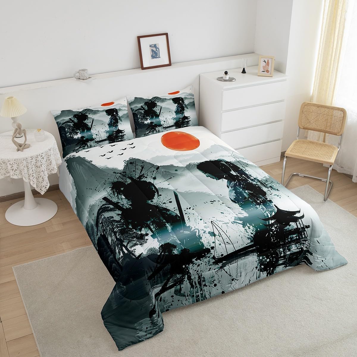 Feelyou Japanese Samurai Bedding Set Boys Girls Queen Size Landscape Comforter Set for Kids Women Men Ultra Soft Sunset Comforter Pavilion Duvet Quilt Japanese Style Bedroom Decor Bird Quilt