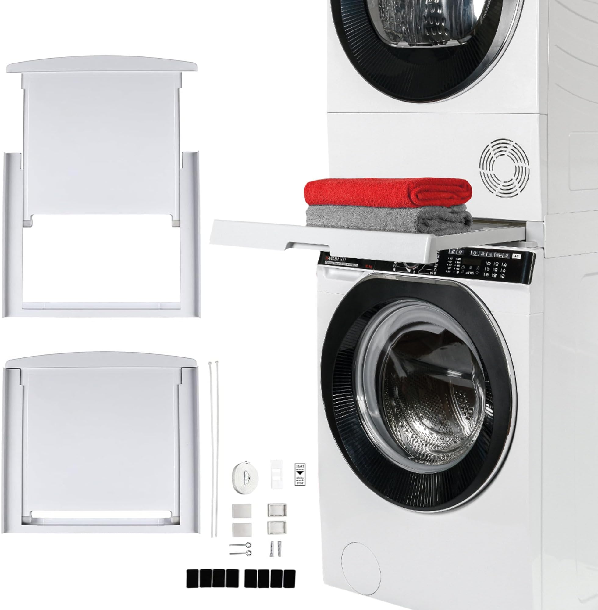 Hoover Universal Stacking Kit with Sliding Shelf for Washing Machines and Dryers - Suitable for Washing Machines with Depth 47-62 cm - Space-Saving - Easy to Install - White - Universal
