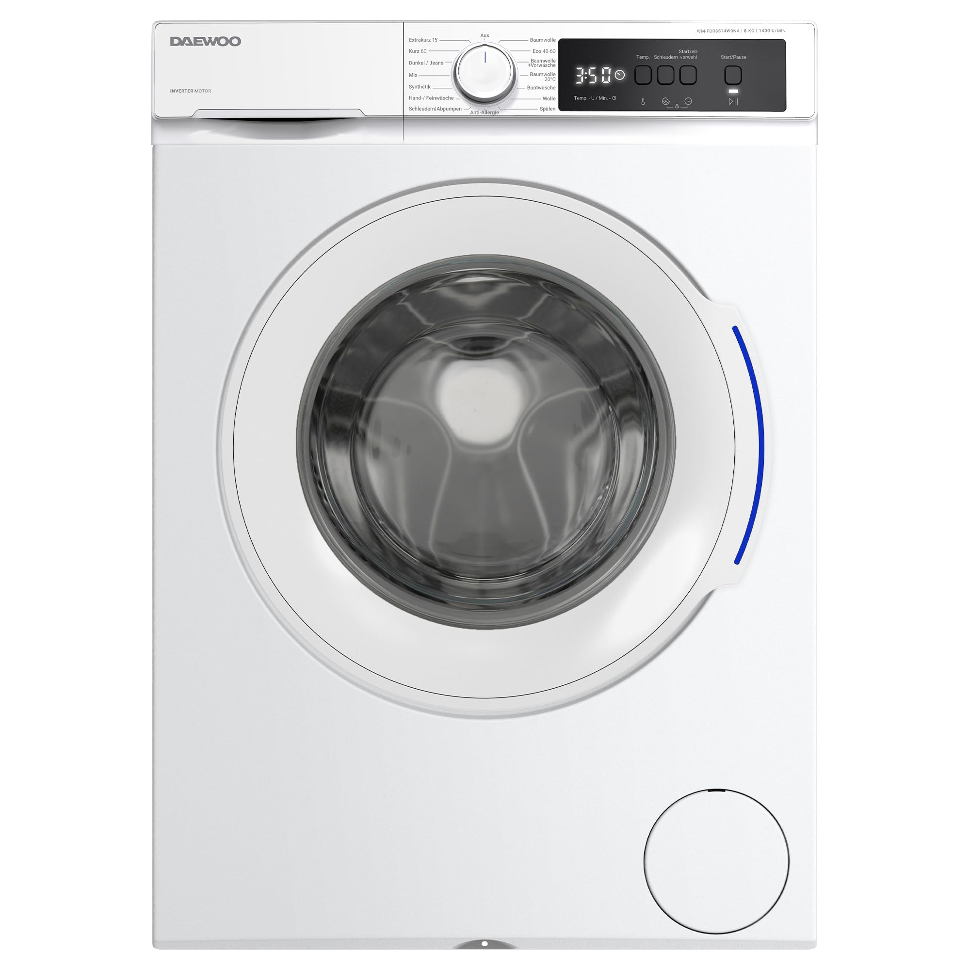 Daewoo WM-FBR8514W0NA-DE Waschmaschine Frontlader, A, 8kg, 1400 U/min., 15 Programme mit Kurzprogramm, AquaStop, Weiß (8 kg)