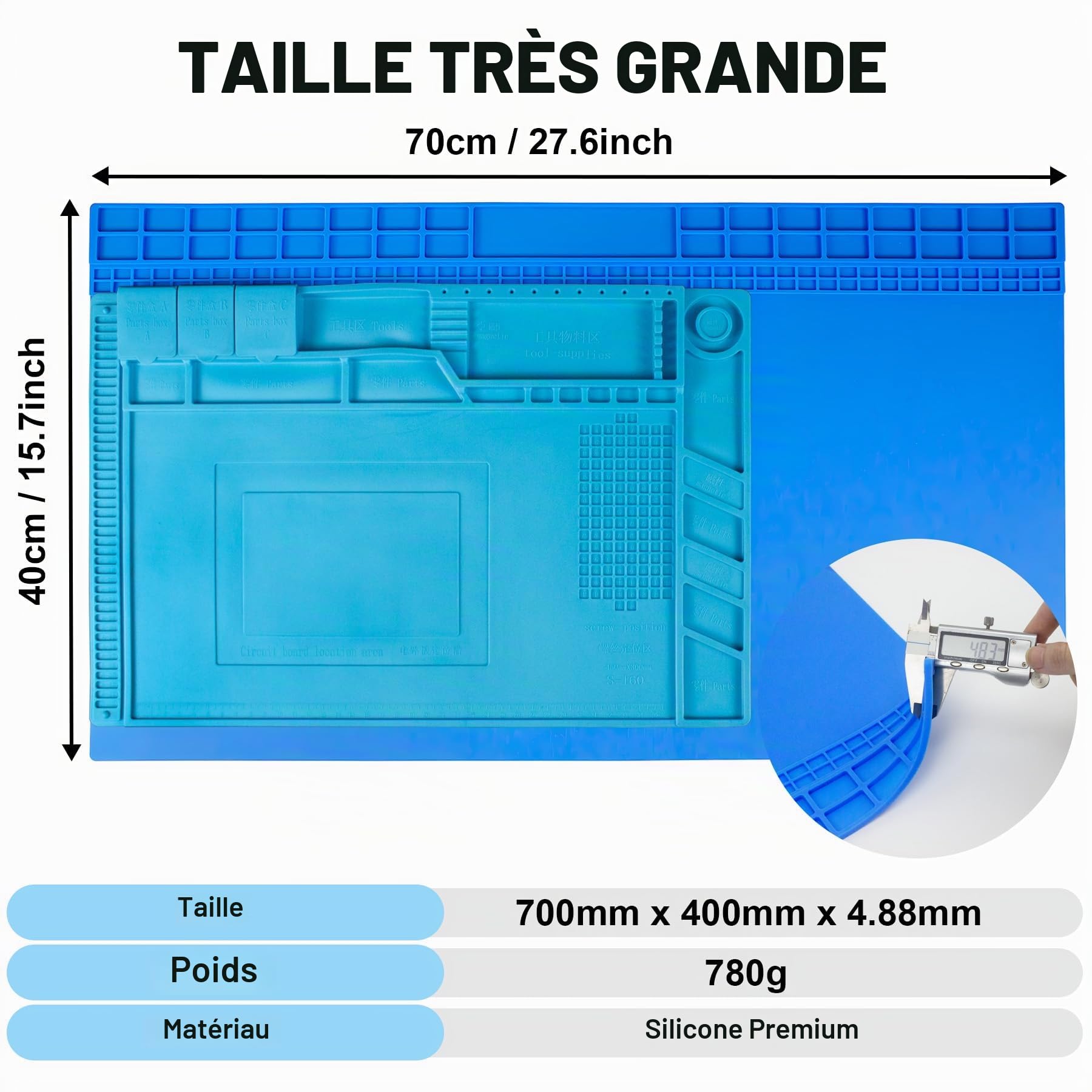 Très grand Tapis de soudure surdimensionné 70cm x 40cm, 932°F tapis de travail en Silicone résistant à la chaleur, grand tapis de réparation pour l’électronique téléphone portable réparation (Bleu)