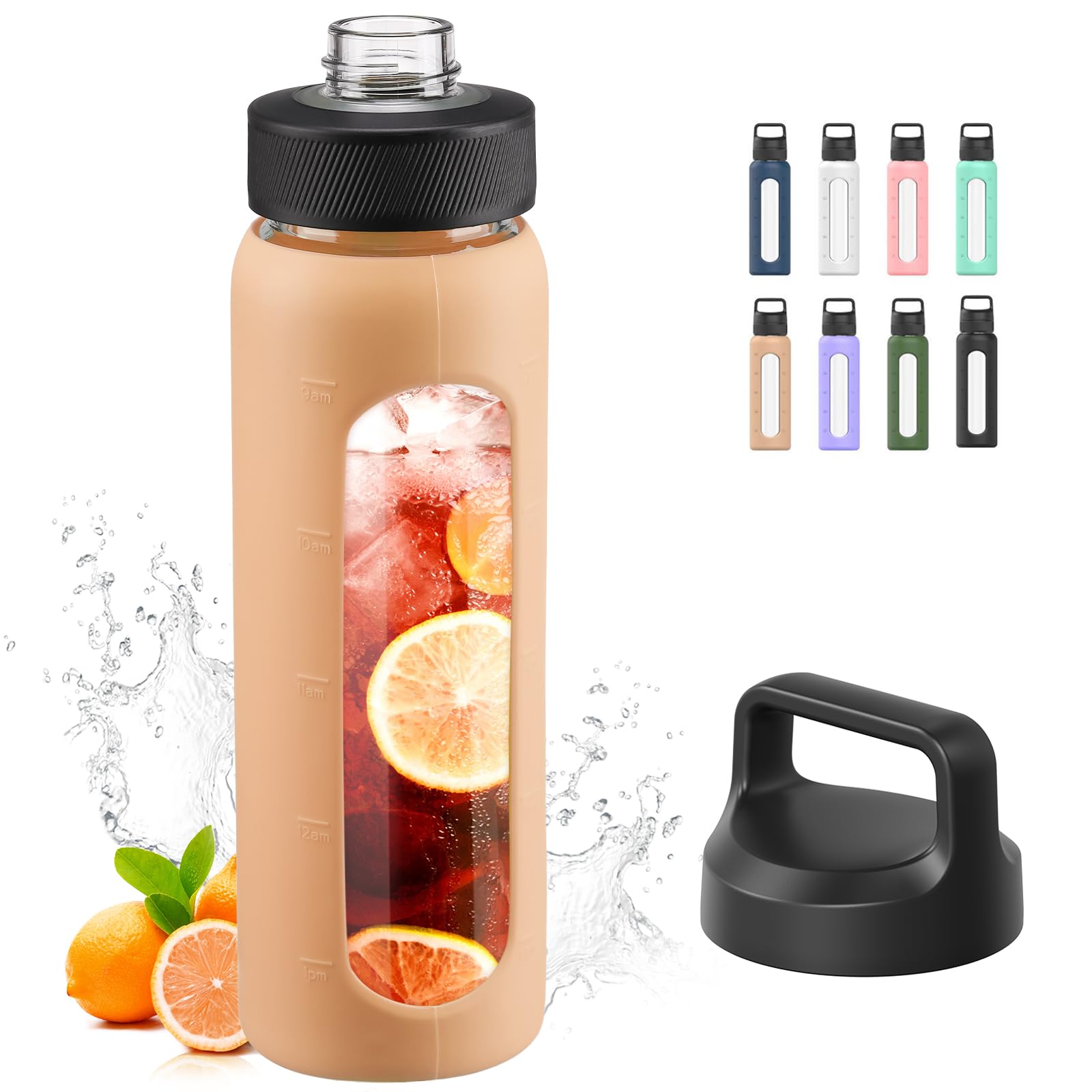 Kodrine 24 oz Water Bottle with Chug Cap, Reusable Glass water Bottles with Carry Handle, Sports Water Bottle for Gym Bike Hiking, No Straw Water Bottle with Time Marker BPA Free, Amber