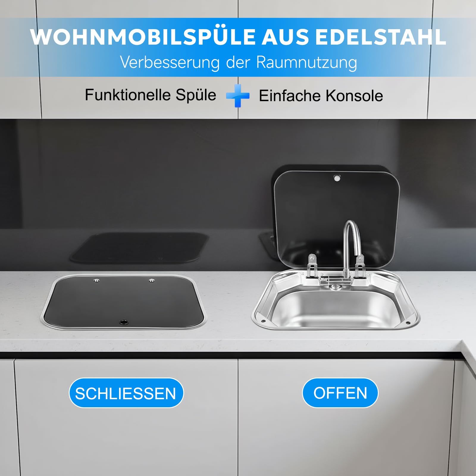 Wohnwagen Waschbecken Set,Camping Auto KüChenspüLe Set, Faltbare Quadratische Handwaschbecken Edelstahl Mit Warm- und Kaltwasserhahn,Deckel FüR Wohnwagen Wohnmobil
