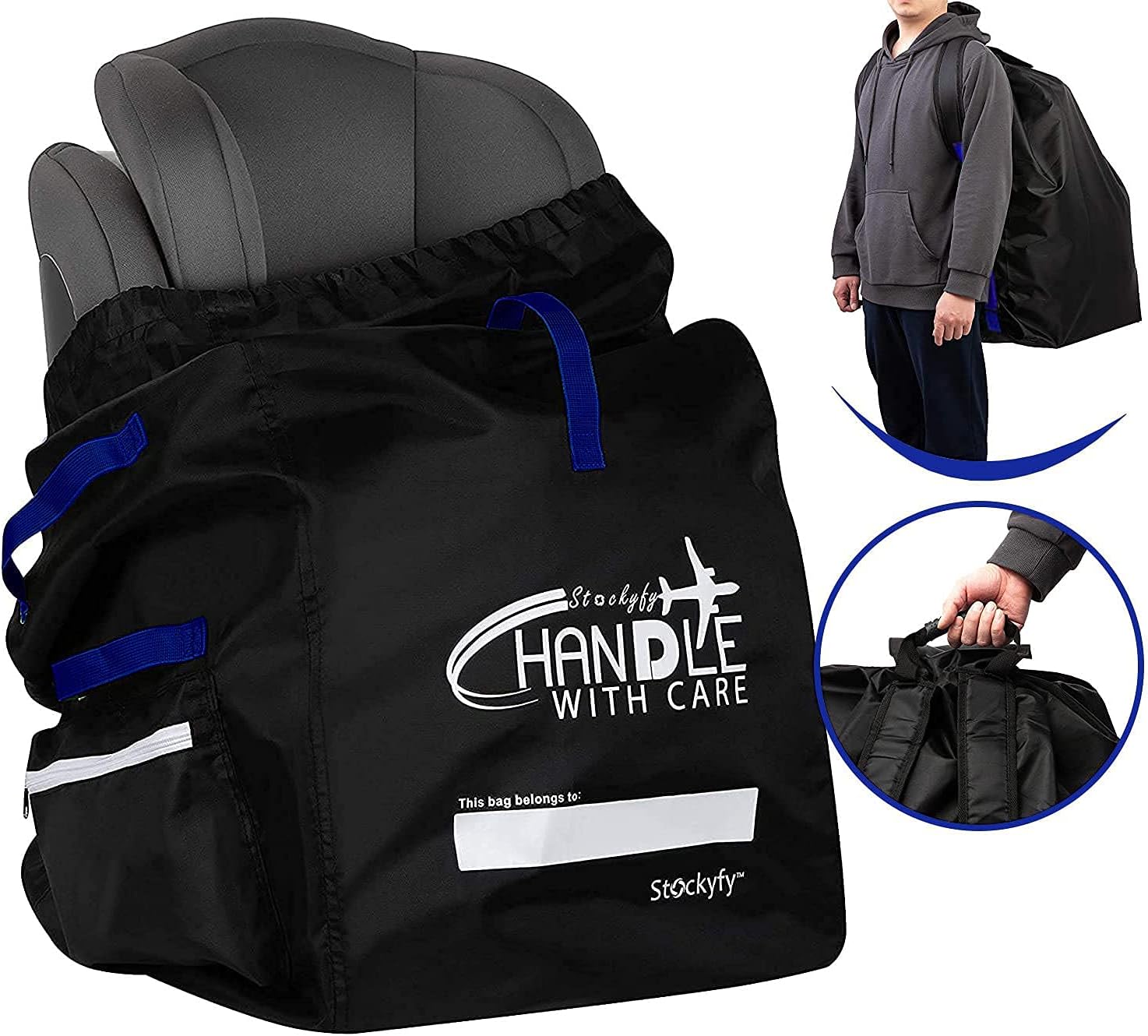 Stockyfy Car Seat Travel Bag with Pouch - Black with Blue Straps – Adjustable Straps Backpack – Durable Airport Gate Check Bag for Car Seats & Booster Seats