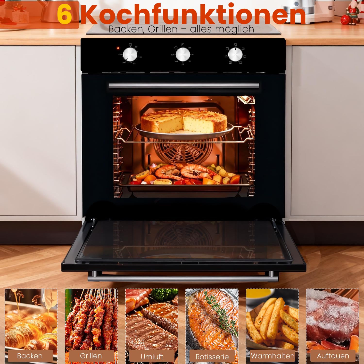 Hobsir 60 cm Einbaubackofen mit 60 L Volumen, Drehknopfsteuerung, 2200 W – Multifunktionsofen mit 6 Garprogrammen, Timer bis 120 Min, ideal für Profis und Einsteiger
