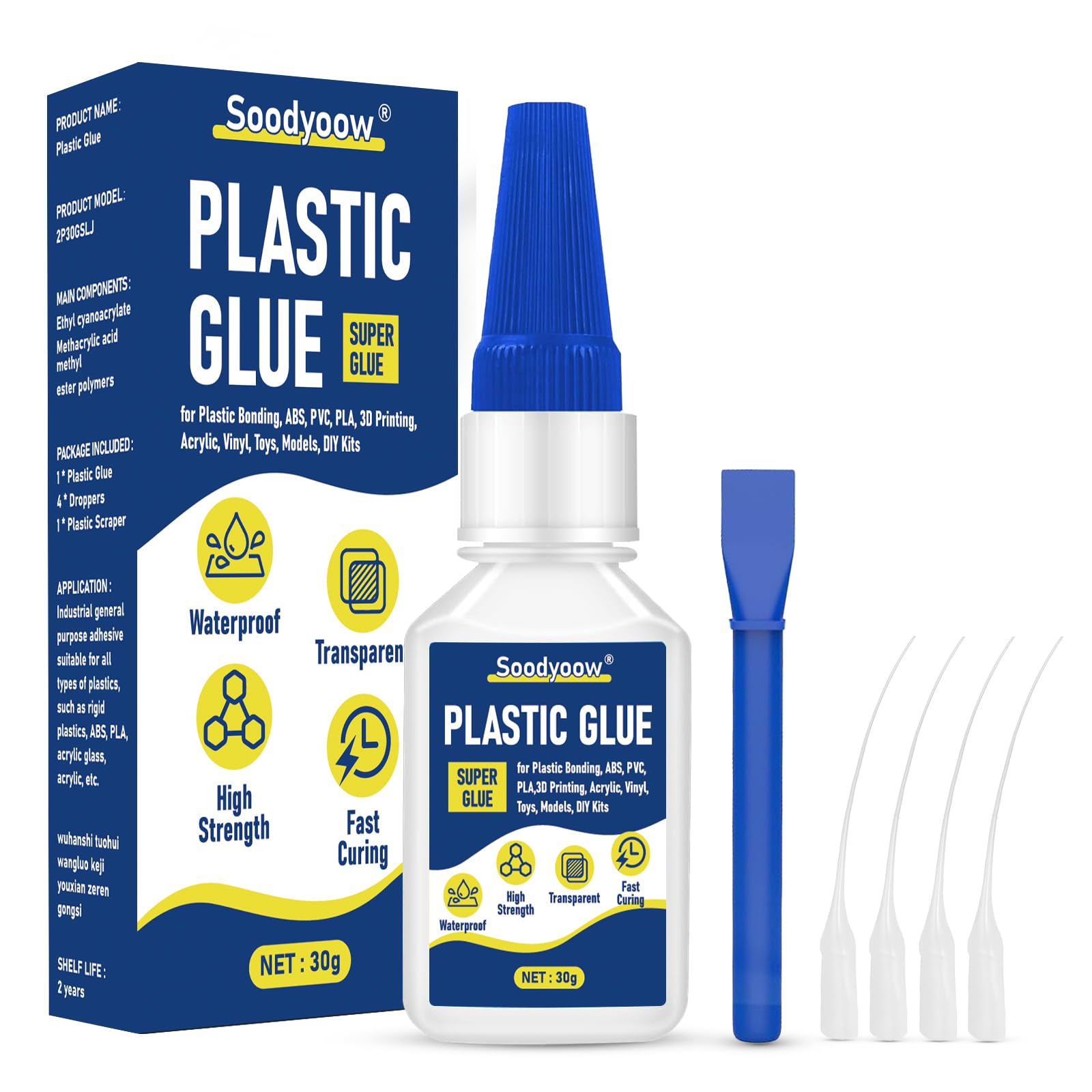 Soodyoow 30g Plastic Glue Extra Strong, Fast Cure Clear Super Glue, ABS Adhesive for Plastic, Model, Acrylic Glass, PLA, 3D Print, Hobbyist and Professional Use
