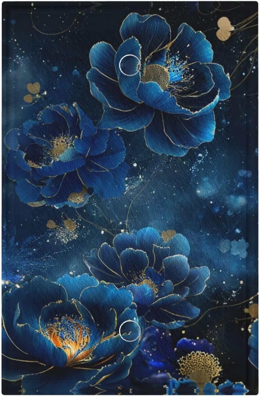 Decorative Light Switch Plate Covers Fantasy Dark Blue Golden Flowers Peony 1 Gang No Device Switch Cover Plate Single Blank Wall Plate Switchplate Electrical Faceplate for Bedroom Decor