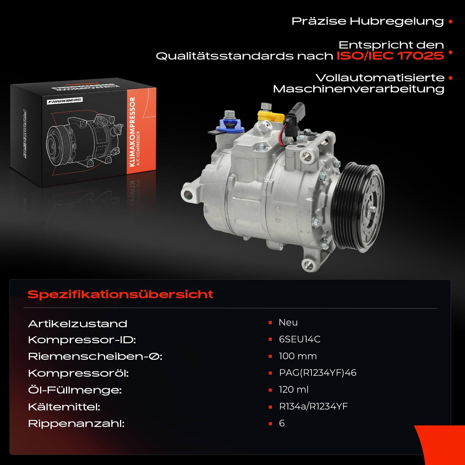 Frankberg Klimaanlagen Kompressor mit Kupplung Kompatibel mit A4 8KH 8E2 8EC 8K2 8E5 8ED 8K5 8H7 8HE A6 4F2 4G2 4GC 4F5 4FH 4G5 4GD Q5 8RB A5 8T3 8F7 8TA inkl. Öl vorbereift