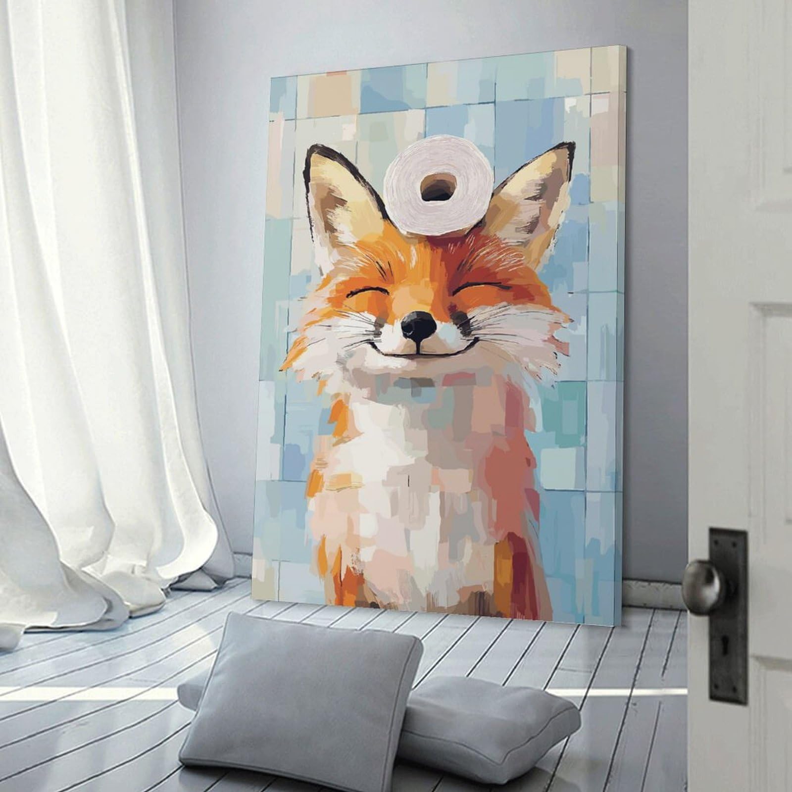 Junmoney Smiling Fox with Toilet Paper Roll Canvas Art Print 08x12inch(20x30cm), for New Homes, Bedrooms Or Workspaces, Gift Idea for Housewarming And Birthdays