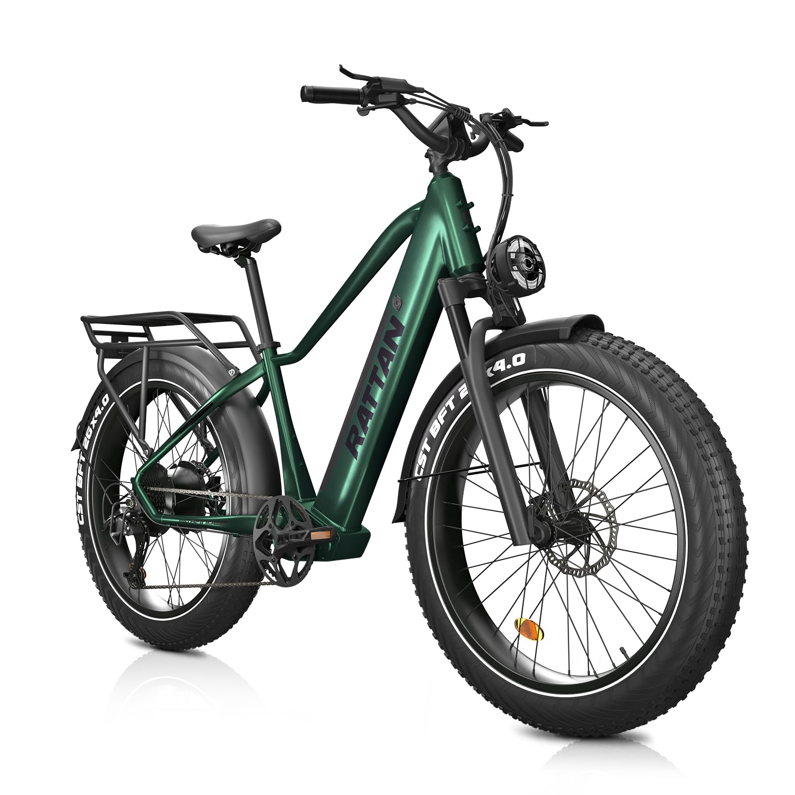Rattan Pathfinder Vélo Électrique 26" Fat Bike pour Adulte, Batterie 48V 15AH, Autonomie Jusqu’à 105 km, Freins & Suspension Hydrauliques, 7 Vitesses (Pathfinder, Vert)