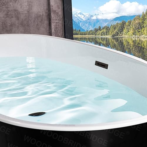Miniatura 5 de WOODBRIDGE Bañera de acrílico independiente de 59 pulgadas, bañera negra de remojo contemporáneo con desbordamiento y drenaje negro mate, BTA1818-MB