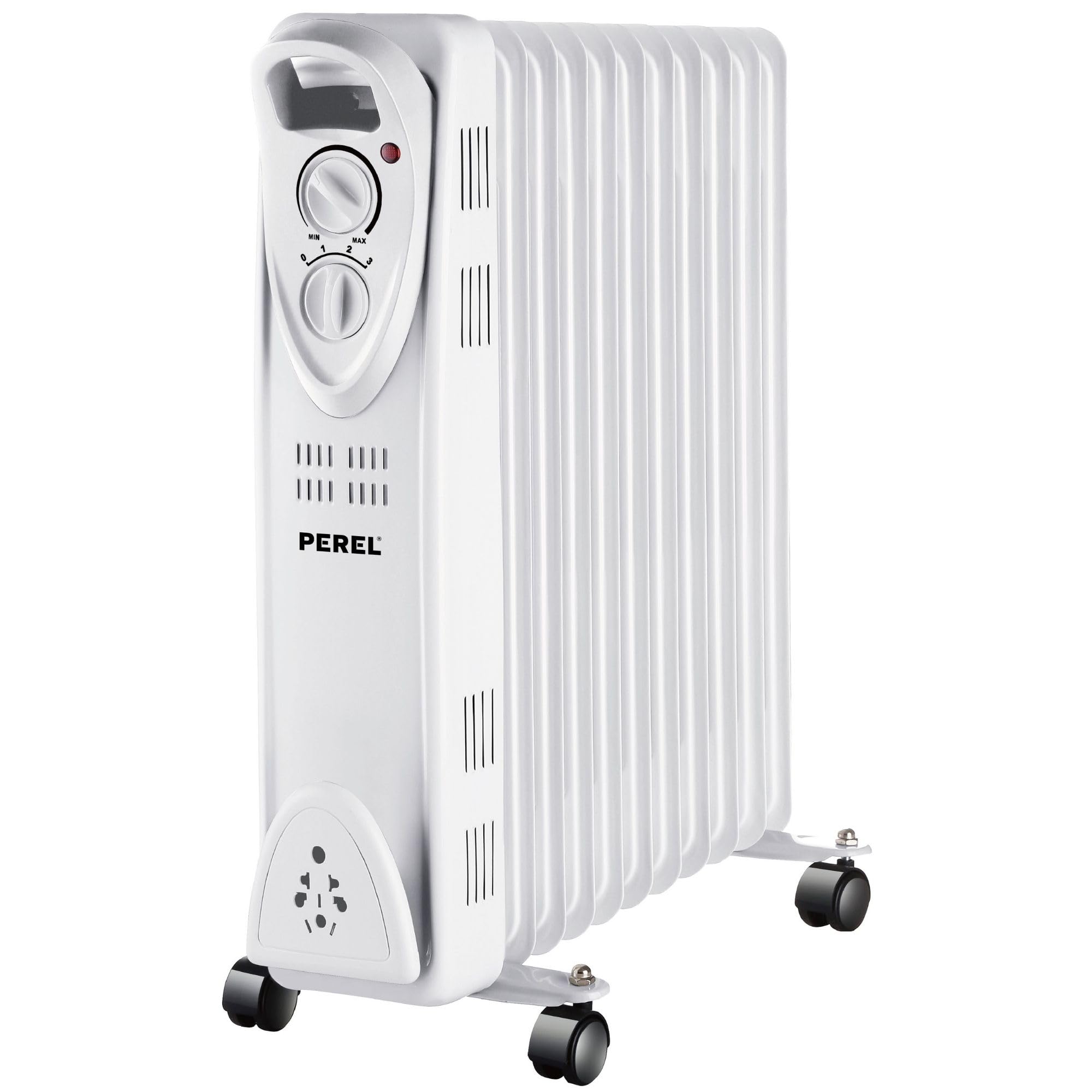 Perel Radiador de aceite de 2500W con 11 elementos, 3 niveles de calor, termostato ajustable, asa, ruedas, protección contra sobrecalentamiento y vuelco, calefactor portátil, silencioso y eficiente