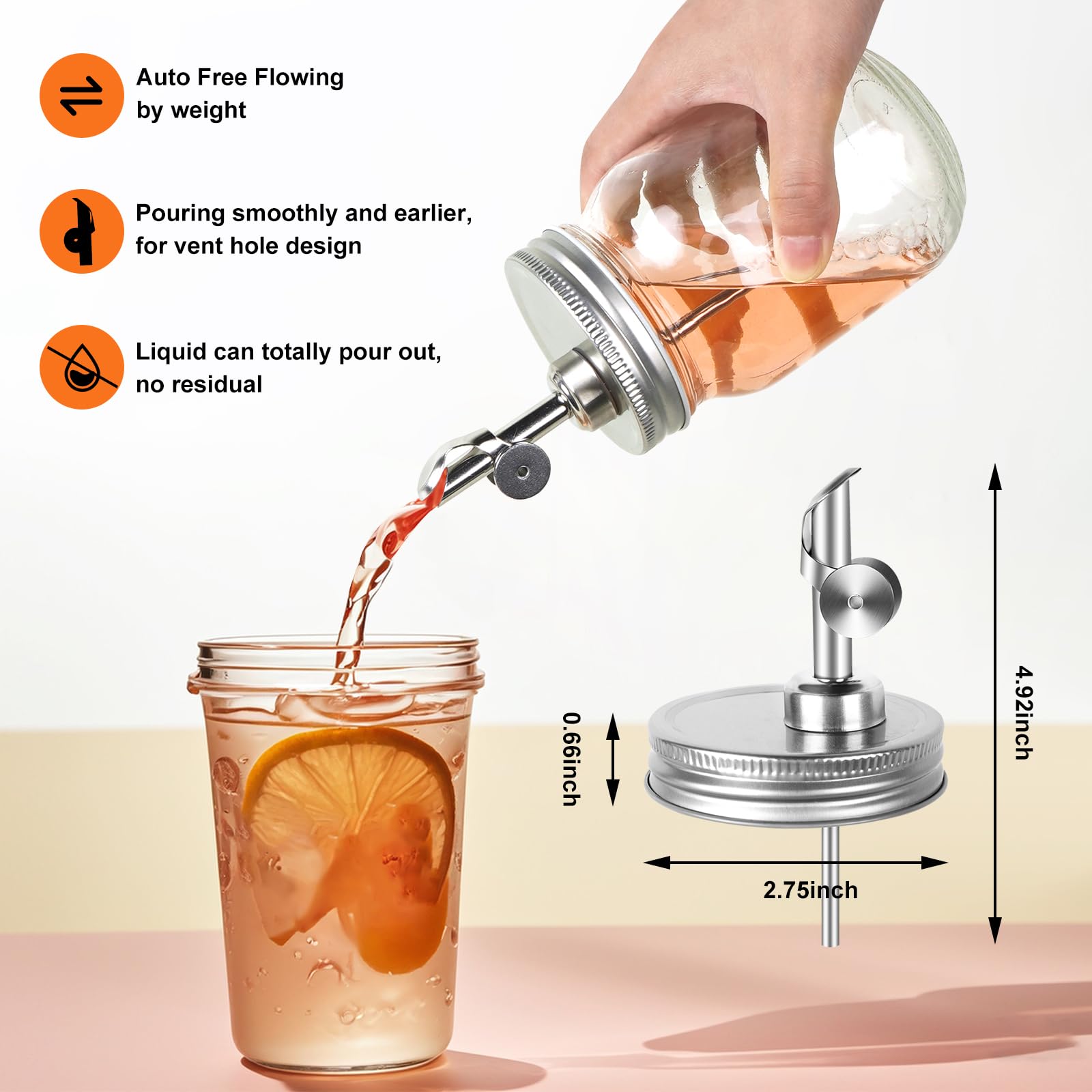 Moonshine - Tapa dispensadora con cierre automático, para tarro de 2.75 pulgadas, tapa de vertido de flujo libre. Adecuado para aceite de oliva, vodka, frutas, líquido Moonshine, sin tarro (plata)