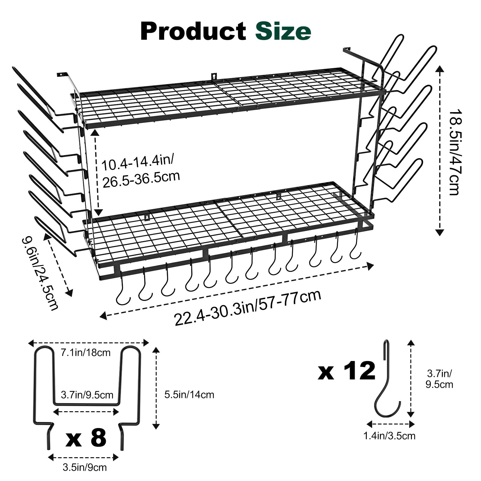 Housolution Rangement Casserole Mural, Longueur Extensible de 57 à 77 cm, Hauteur Réglable sur 3 Niveaux, Robuste Range Poele Porte Couvercle avec 12 Crochets Verticaux et 8 Porte-Couvercles