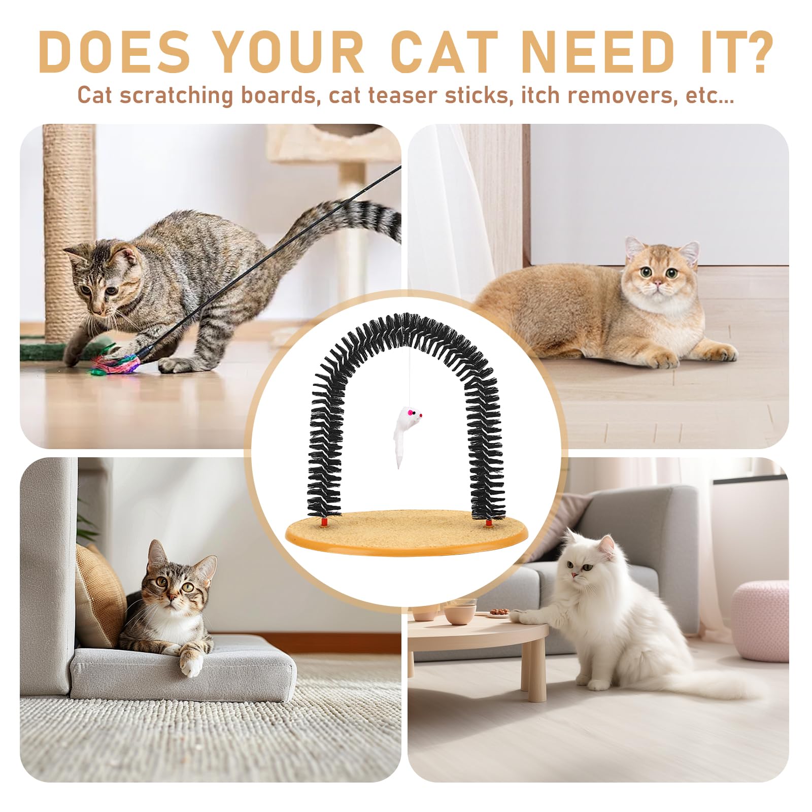 The Cat Arch Massage- Und Fellpflegebogen, Enthaarungsbogen Für Katzen 36×34 cm, Enthaarungsbogen Katze, Kratzpfostenmit Spielzeug Mäuschen Mit Katzenminze