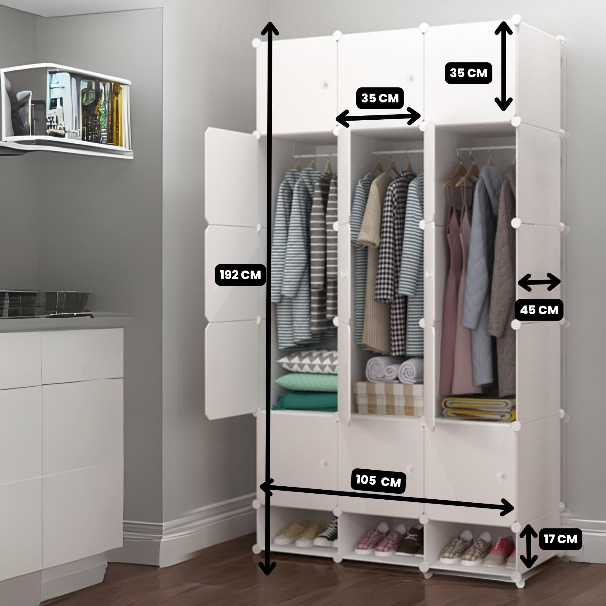 MAGIC SELECT Armario Modular. Estantería de Módulos. Organizador Modular de Ropa. Ropero para Hogar. Estante de Almacenamiento para Dormitorio, 18 Módulos, 2 Barras, 192x105 cm.