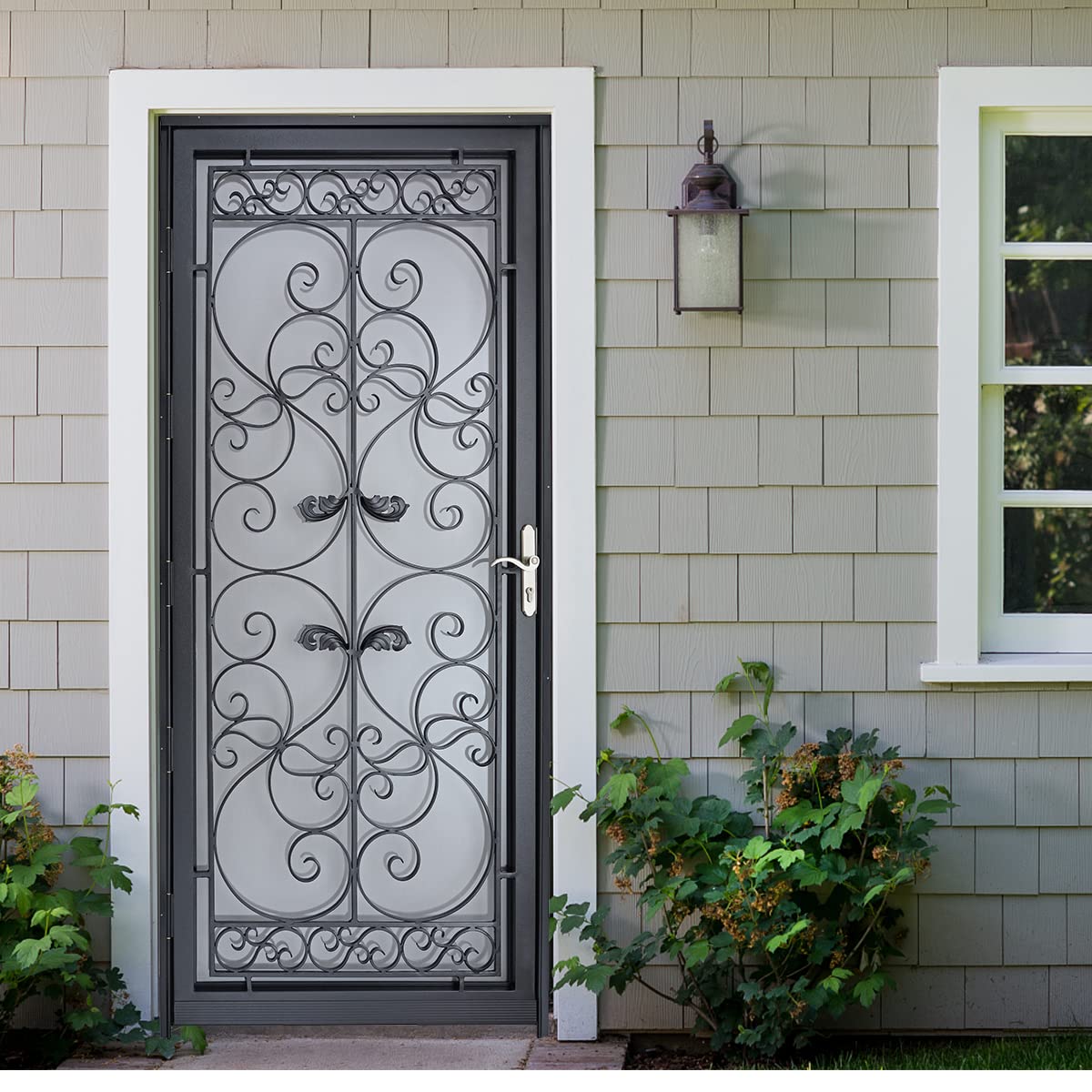 Grisham Deluxe Steel Security Door,36×80inch Iron Security Storm Door Conveys,Hand Forged Solid Steel Wrought Iron with Tempered Glass and Screen Panel(370 Black with Door Handle)